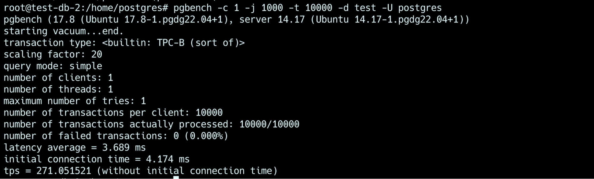 Terminal output from a pgbench run showing all transactions completed successfully with zero failures and stable latency and throughput.