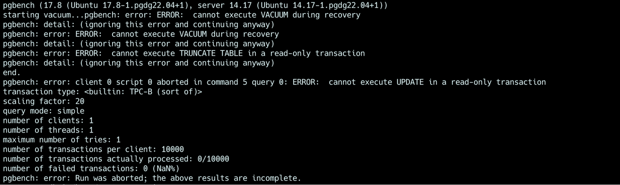 Terminal output from a pgbench run showing errors for write operations in a read-only transaction and aborted workload execution.
