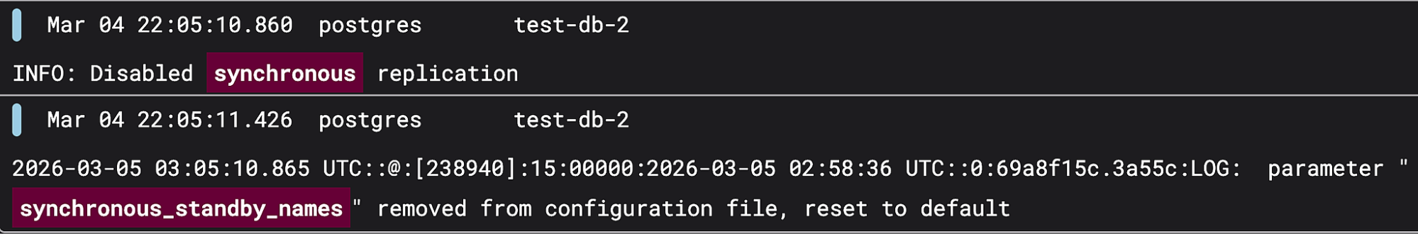 Logs showing synchronous replication disabled and synchronous_standby_names removed from configuration on the leader node.