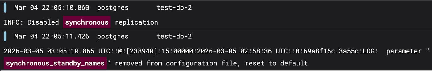 Logs showing synchronous replication disabled and synchronous_standby_names removed from configuration on the leader node. Logs showing synchronous replication disabled and synchronous_standby_names removed from configuration on the leader node.