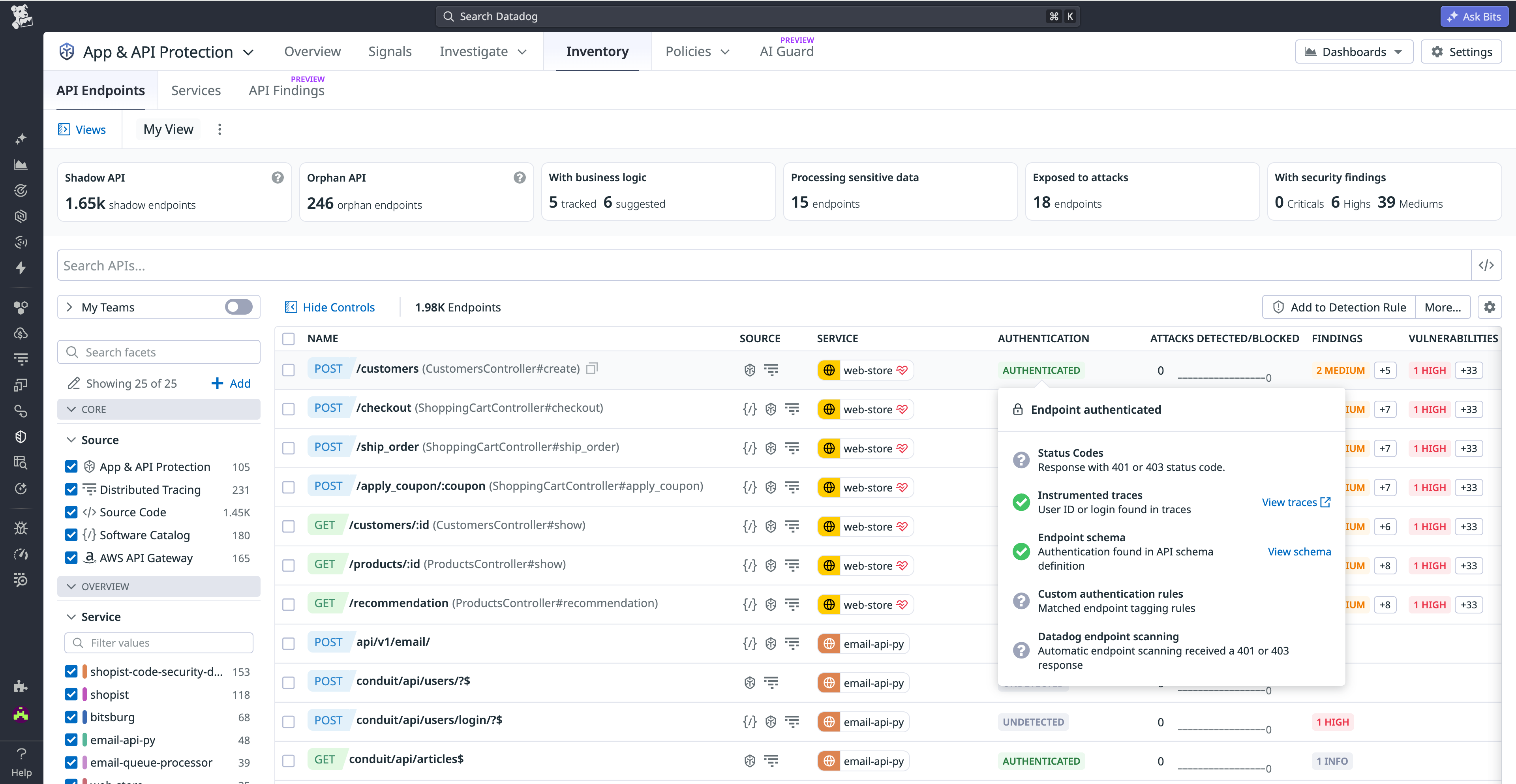 API Inventory displays authentication status for each endpoint with clear labels to help teams quickly assess risk.
