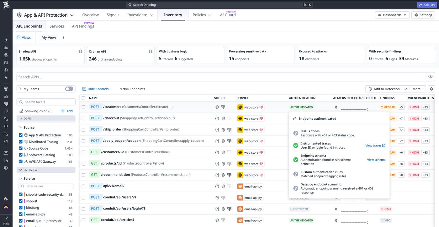 API Inventory displays authentication status for each endpoint with clear labels to help teams quickly assess risk. API Inventory displays authentication status for each endpoint with clear labels to help teams quickly assess risk.