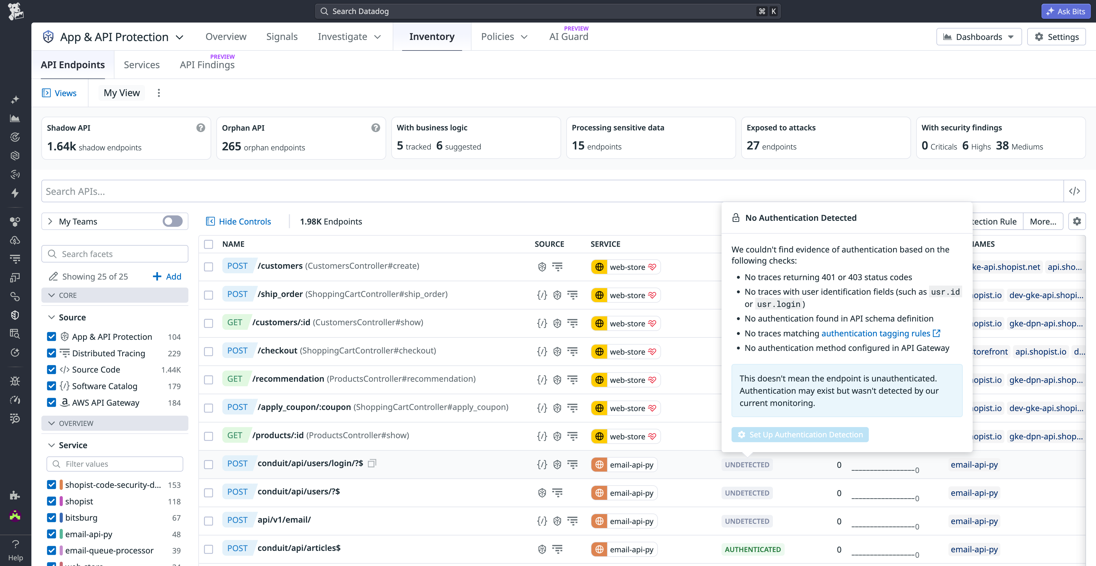 App & API Protection displays explanation for why an API endpoint was determined to lack authentication.