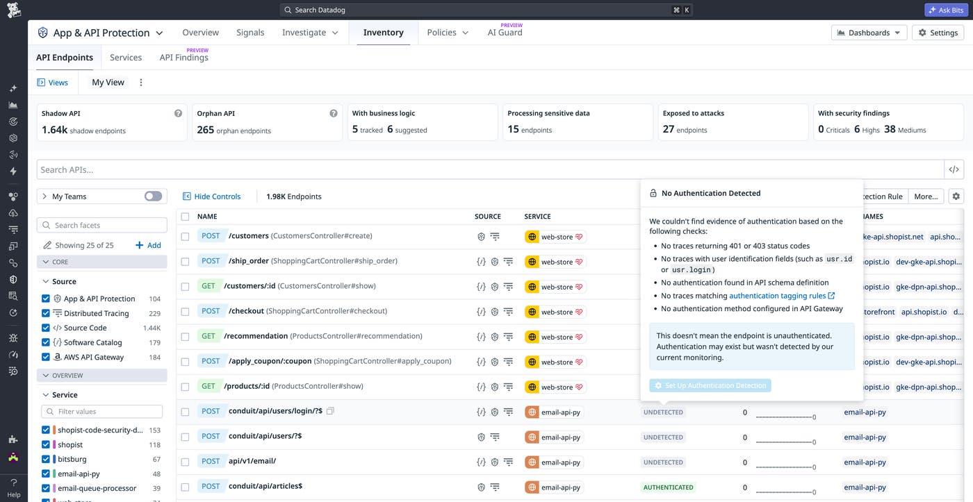 App & API Protection displays explanation for why an API endpoint was determined to lack authentication. App & API Protection displays explanation for why an API endpoint was determined to lack authentication.
