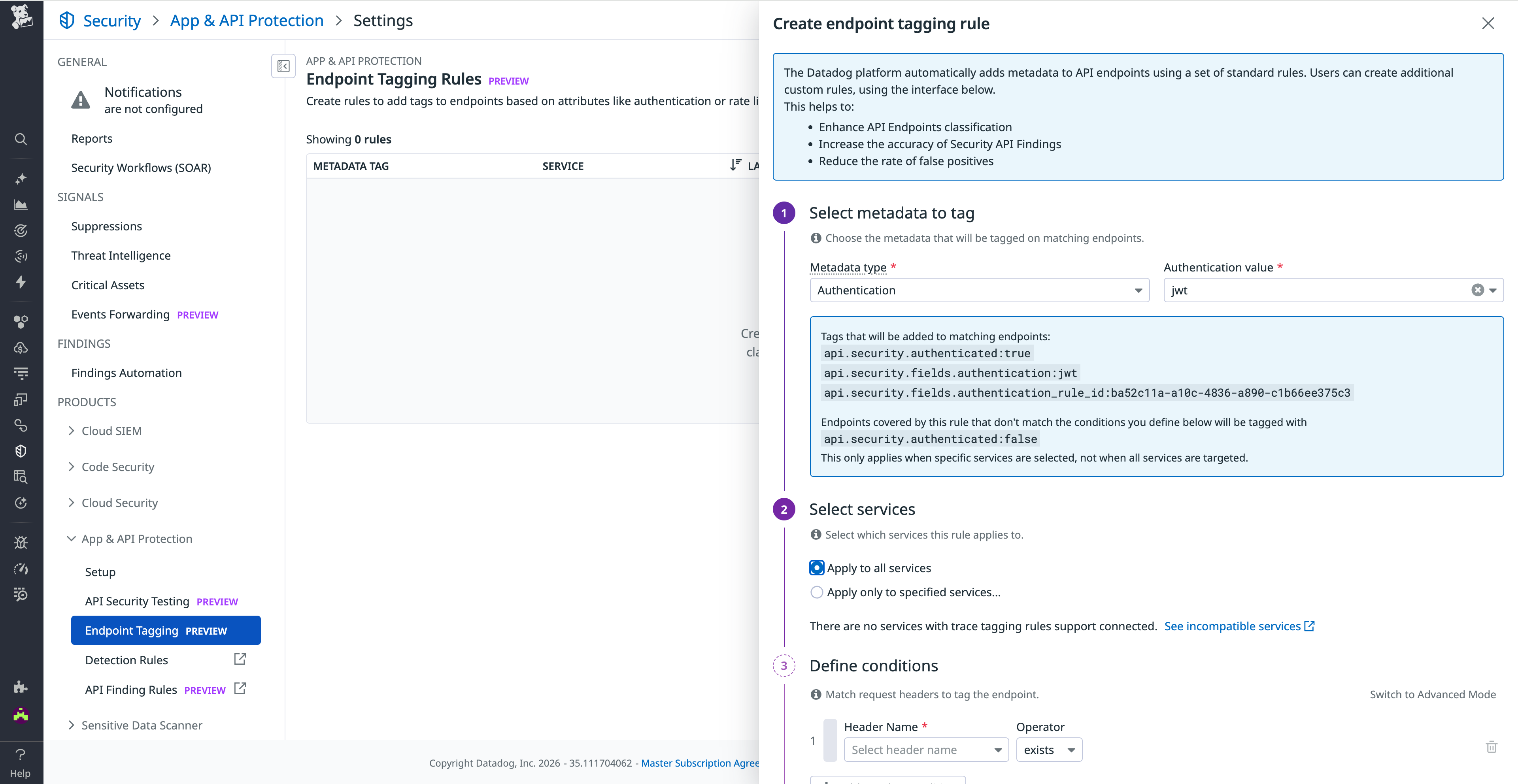 Configuration interface for defining custom authentication detection rules using headers or span tags.