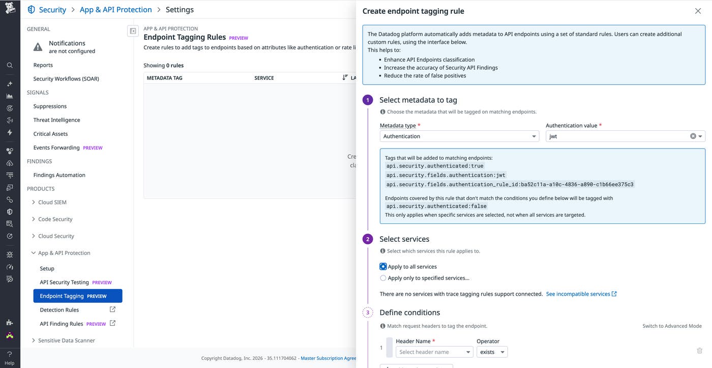 Configuration interface for defining custom authentication detection rules using headers or span tags. Configuration interface for defining custom authentication detection rules using headers or span tags.