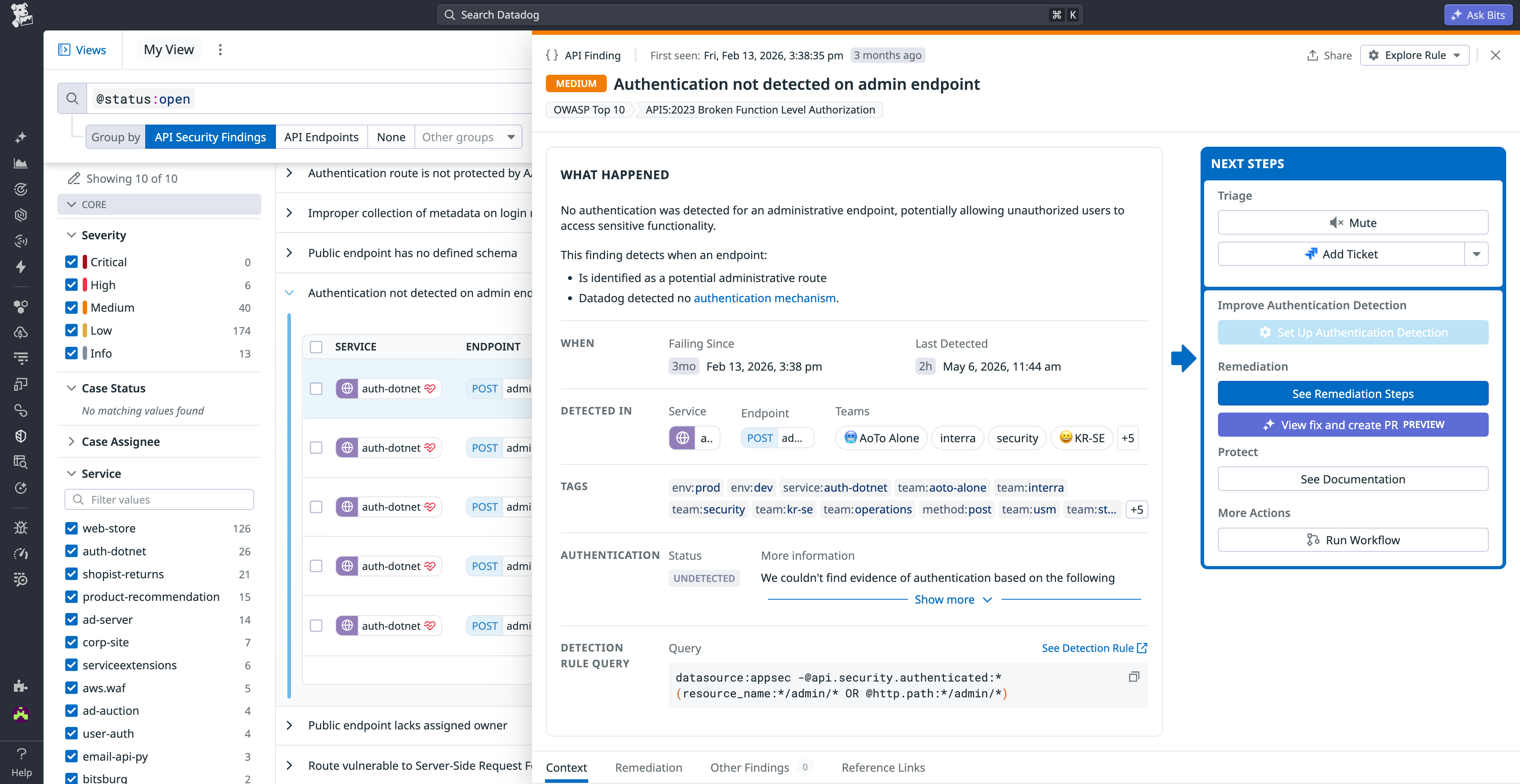 Security finding view highlights authentication issue and provides actionable next steps and remediation options.