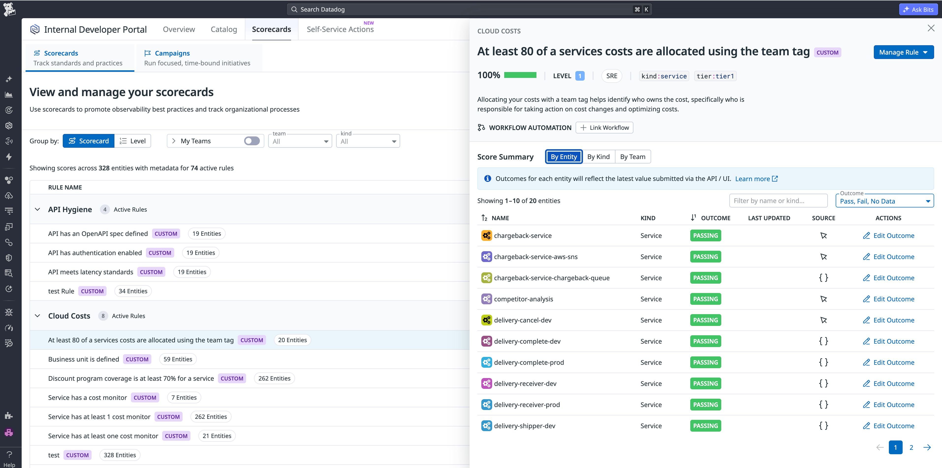 Datadog Internal Developer Portal (IDP) Scorecards view showing rules that evaluate service ownership, API hygiene, and cost allocation completeness across hundreds of services, with pass/fail outcomes for individual entities in a Software Catalog.