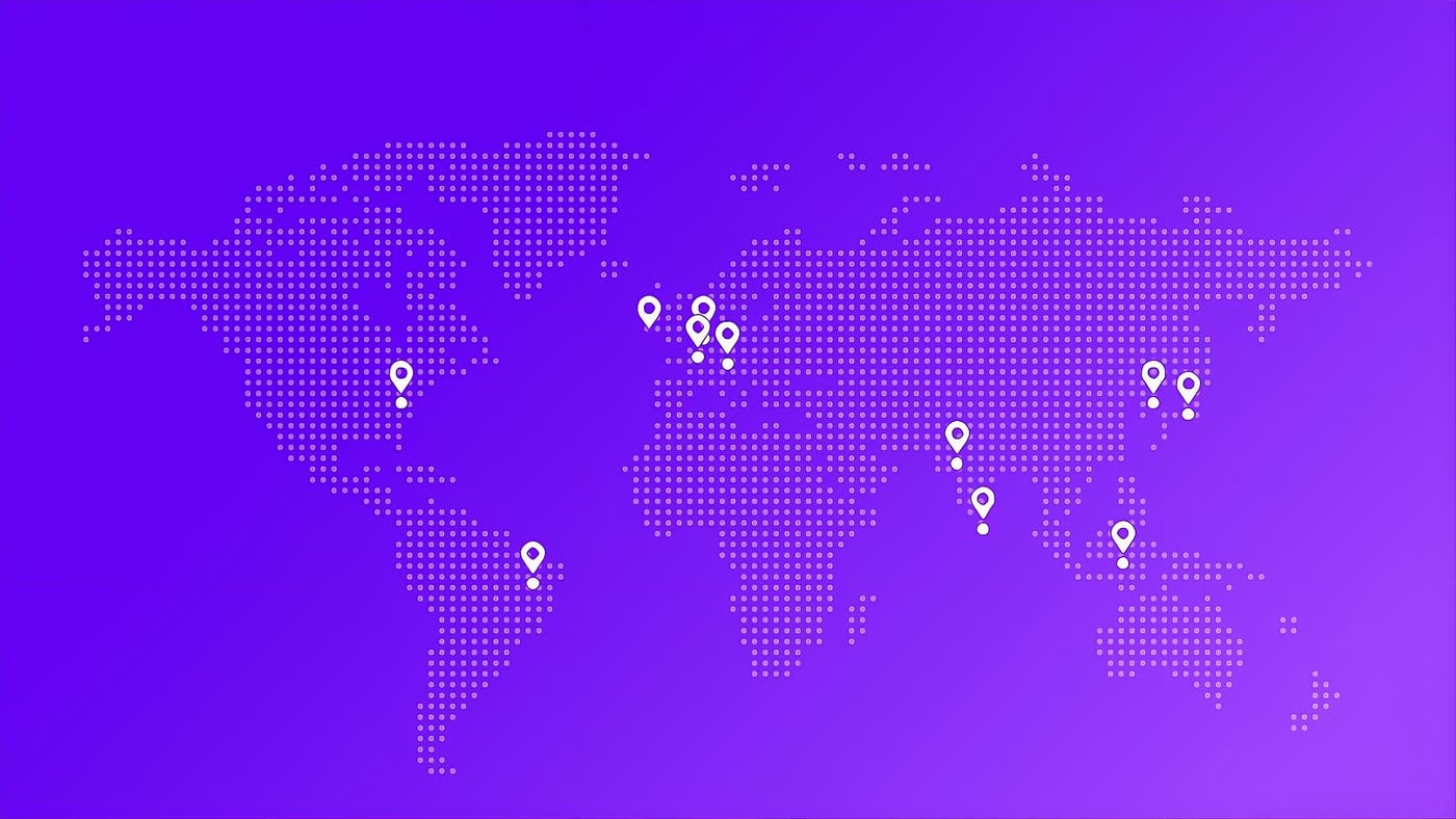 A global map showing many pins spread across the Americas, Europe, and Asia. A global map showing many pins spread across the Americas, Europe, and Asia.