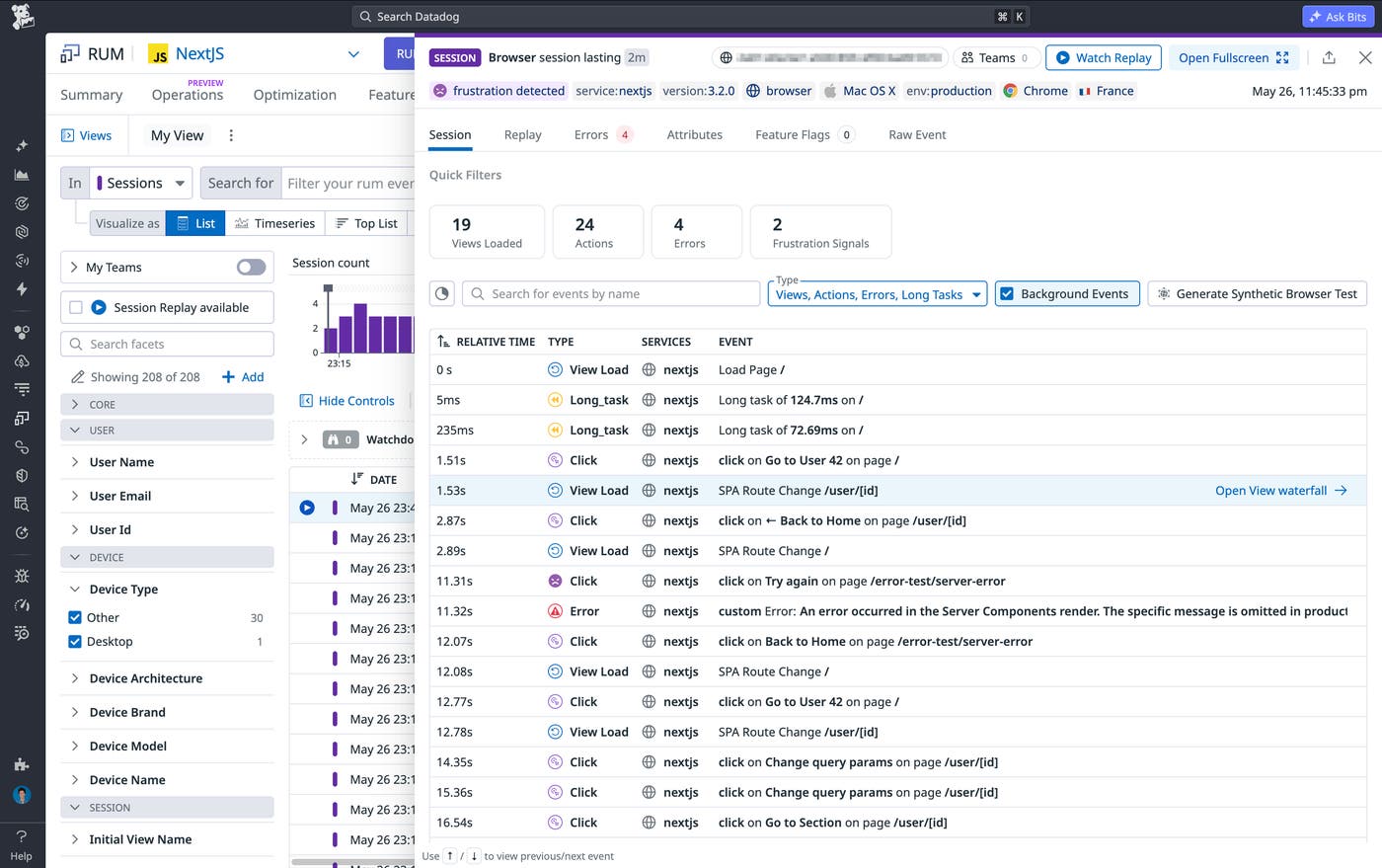 A view showing events collected from a Next.js application and standardized in Datadog RUM. A view showing events collected from a Next.js application and standardized in Datadog RUM.