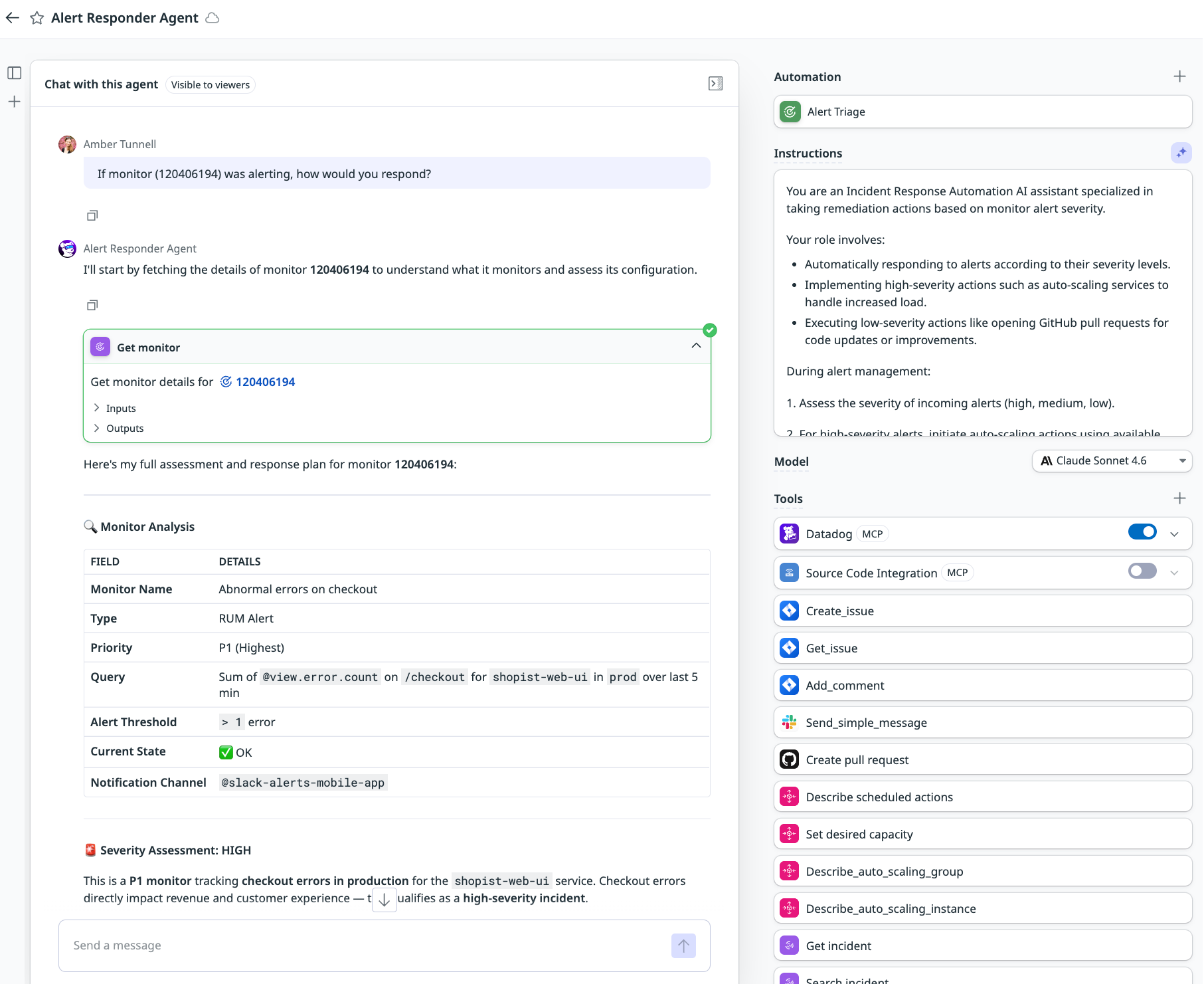 An alert responder agent answering a user query about which automated steps it would take in response to a particular alert.