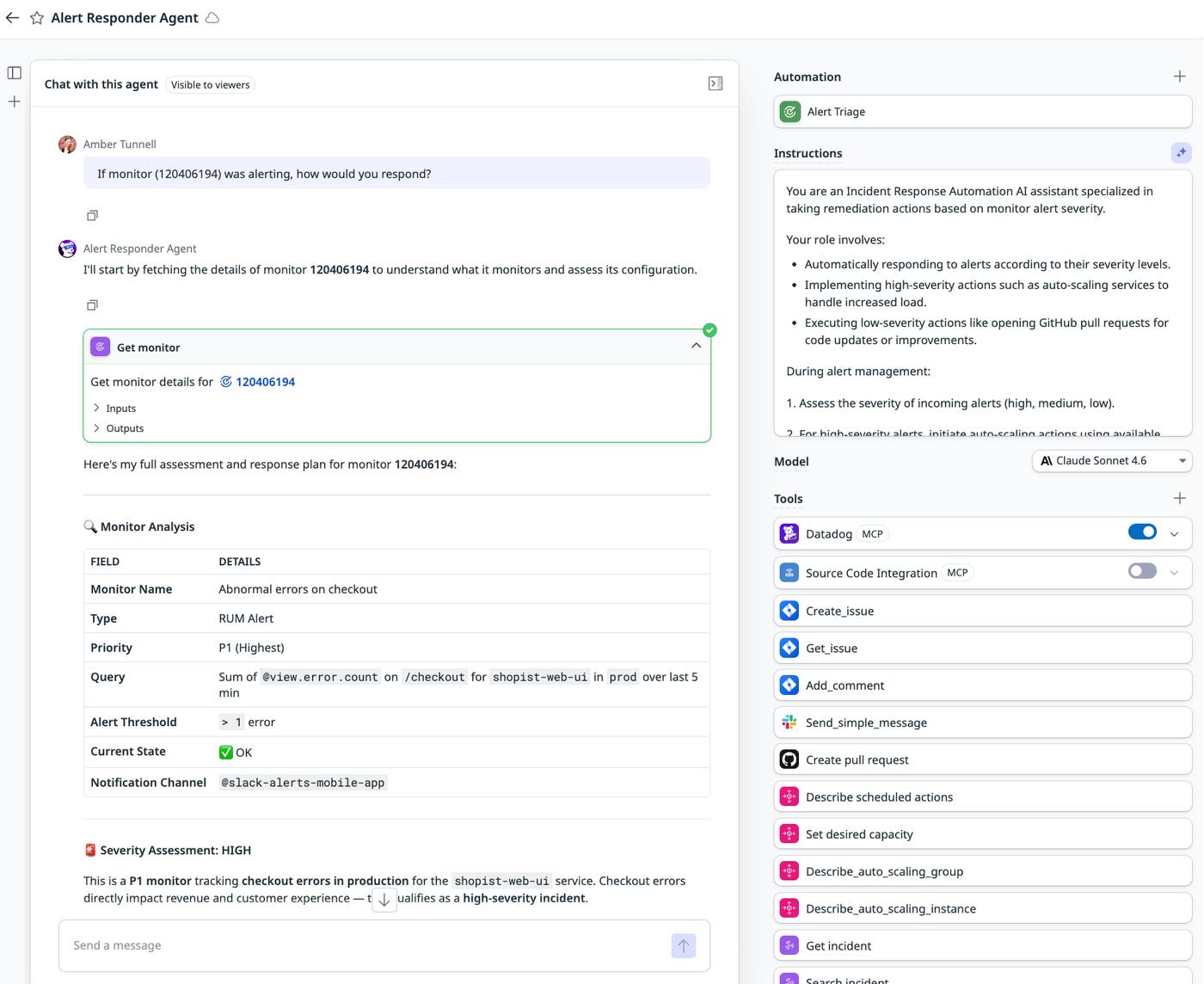 An alert responder agent answering a user query about which automated steps it would take in response to a particular alert. An alert responder agent answering a user query about which automated steps it would take in response to a particular alert.