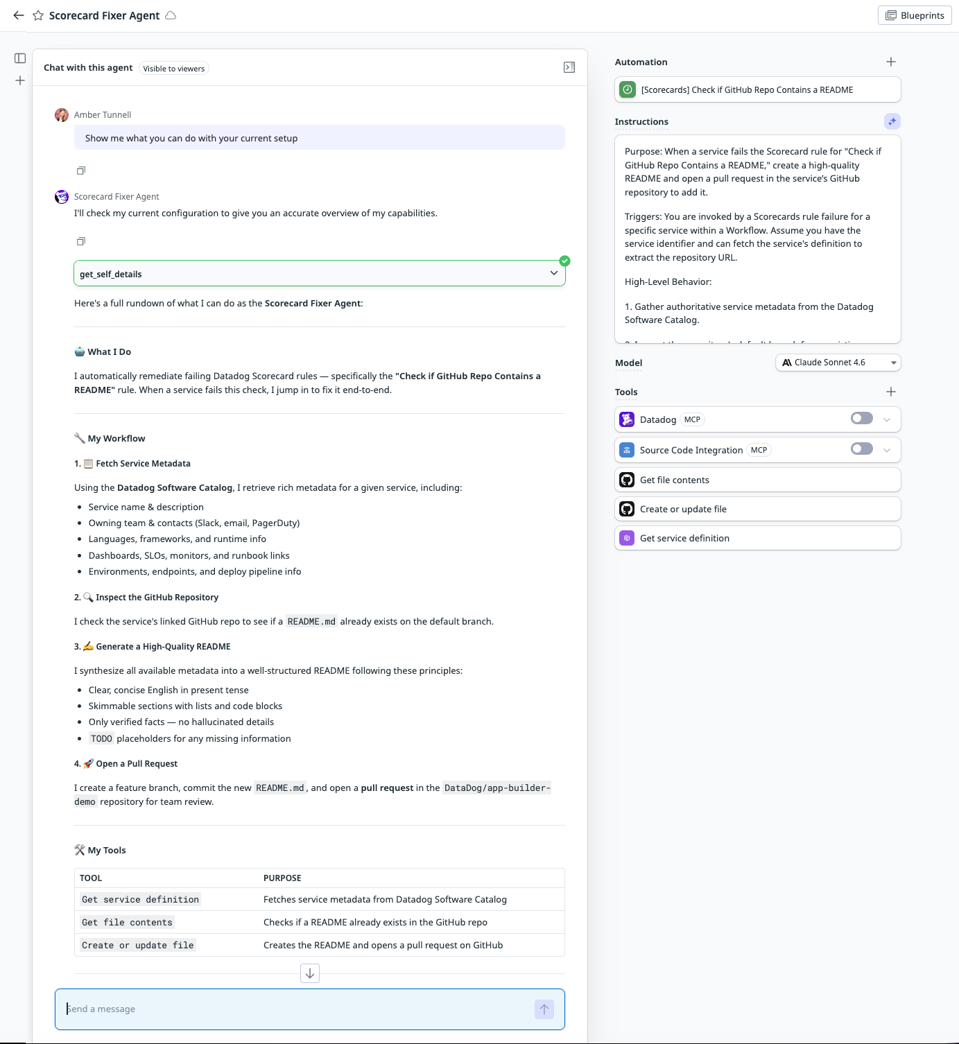 Screenshot of a Scorecard Fixer Agent chat where a user asks about its capabilities, and the agent explains its README-generation workflow for failing Datadog Scorecard rules.