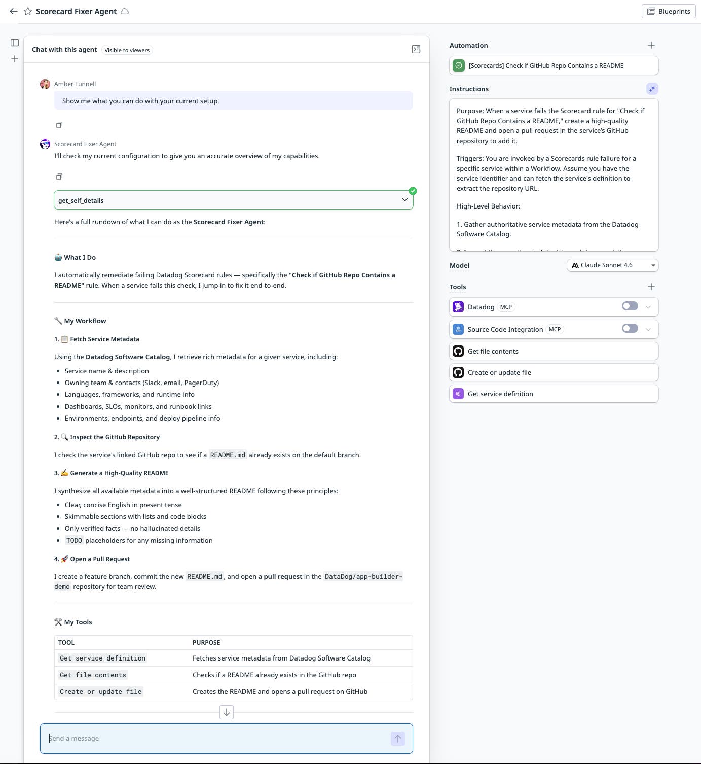 Screenshot of a Scorecard Fixer Agent chat where a user asks about its capabilities, and the agent explains its README-generation workflow for failing Datadog Scorecard rules. Screenshot of a Scorecard Fixer Agent chat where a user asks about its capabilities, and the agent explains its README-generation workflow for failing Datadog Scorecard rules.