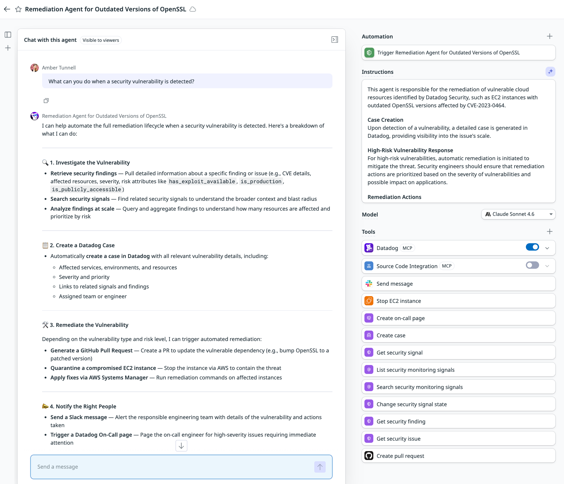 Remediation agent responding to a user query about how it would handle a detected security vulnerability.
