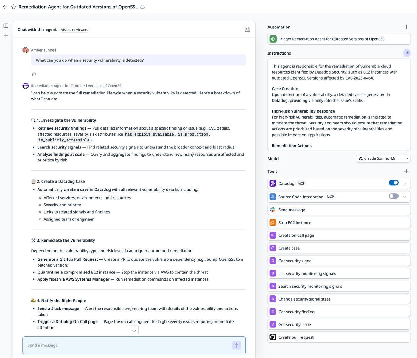 Remediation agent responding to a user query about how it would handle a detected security vulnerability. Remediation agent responding to a user query about how it would handle a detected security vulnerability.
