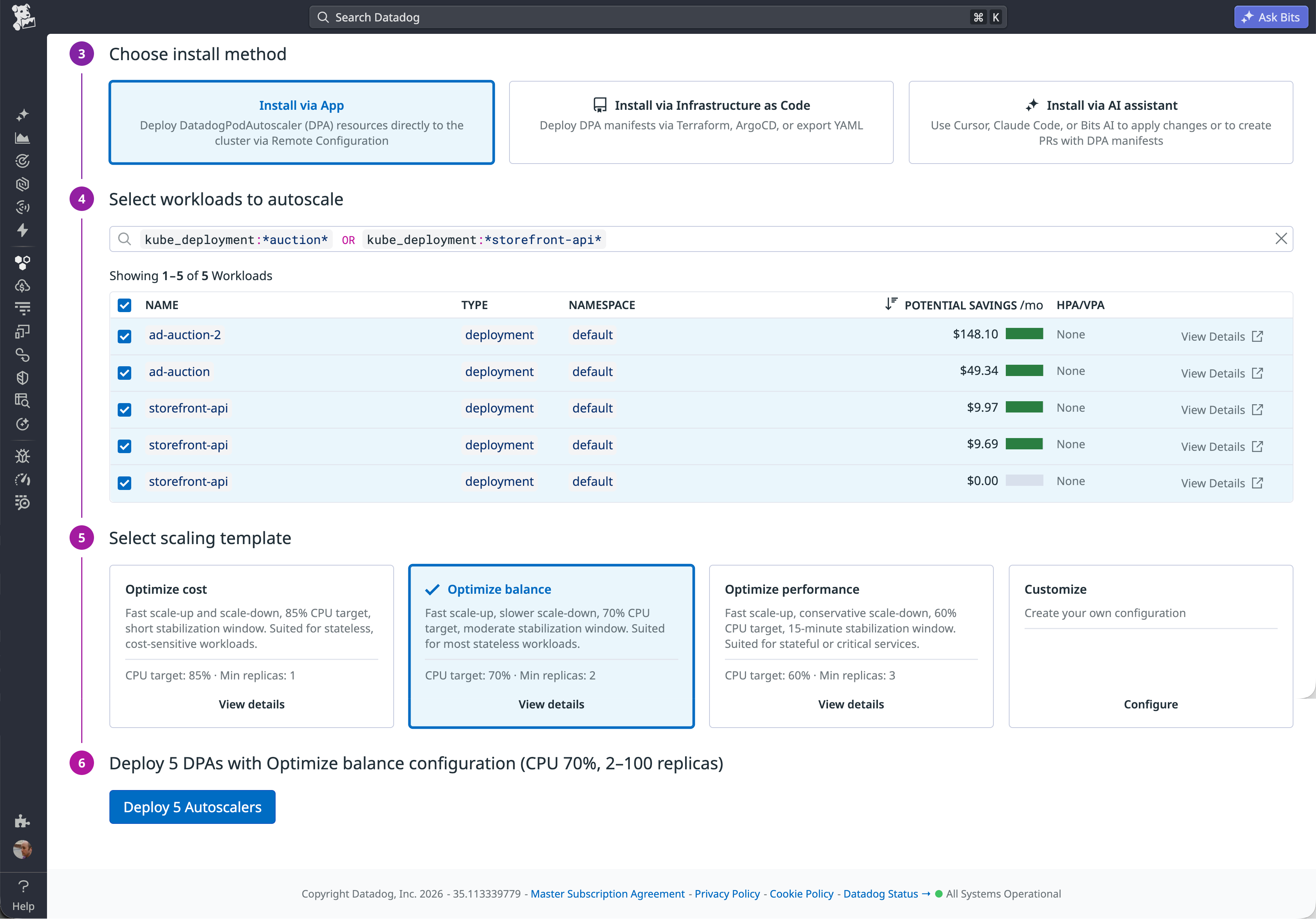 Screenshot of the Datadog Kubernetes Autoscaling setup page showing selected workloads, estimated monthly savings, scaling templates, and a button to deploy autoscalers.