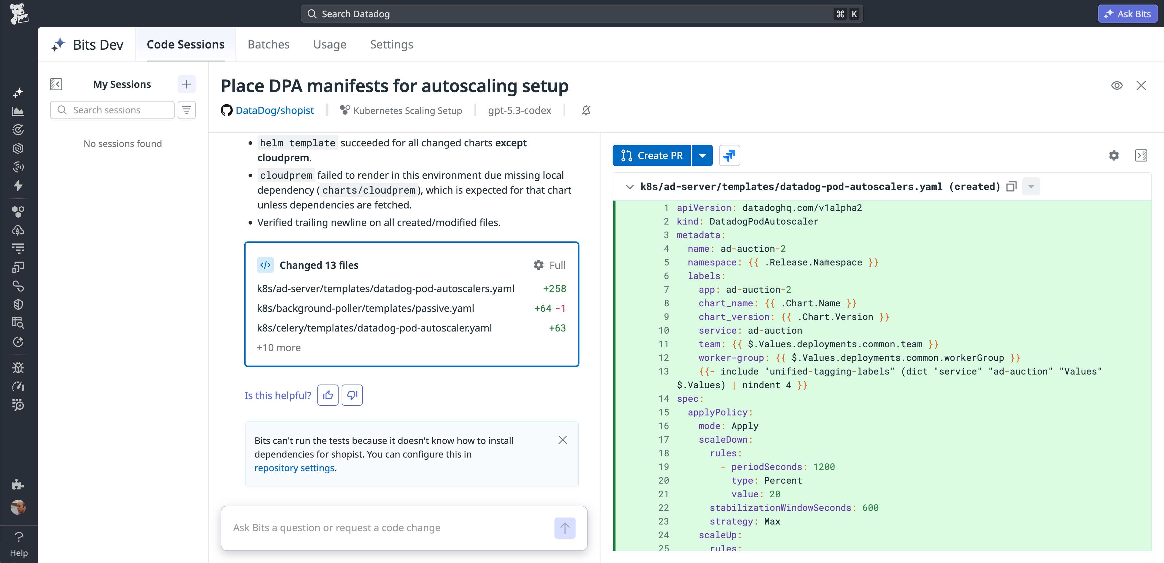 Screenshot of Bits AI Dev preparing a draft PR with DatadogPodAutoscaler manifests and showing the generated YAML changes for Kubernetes autoscaling setup.