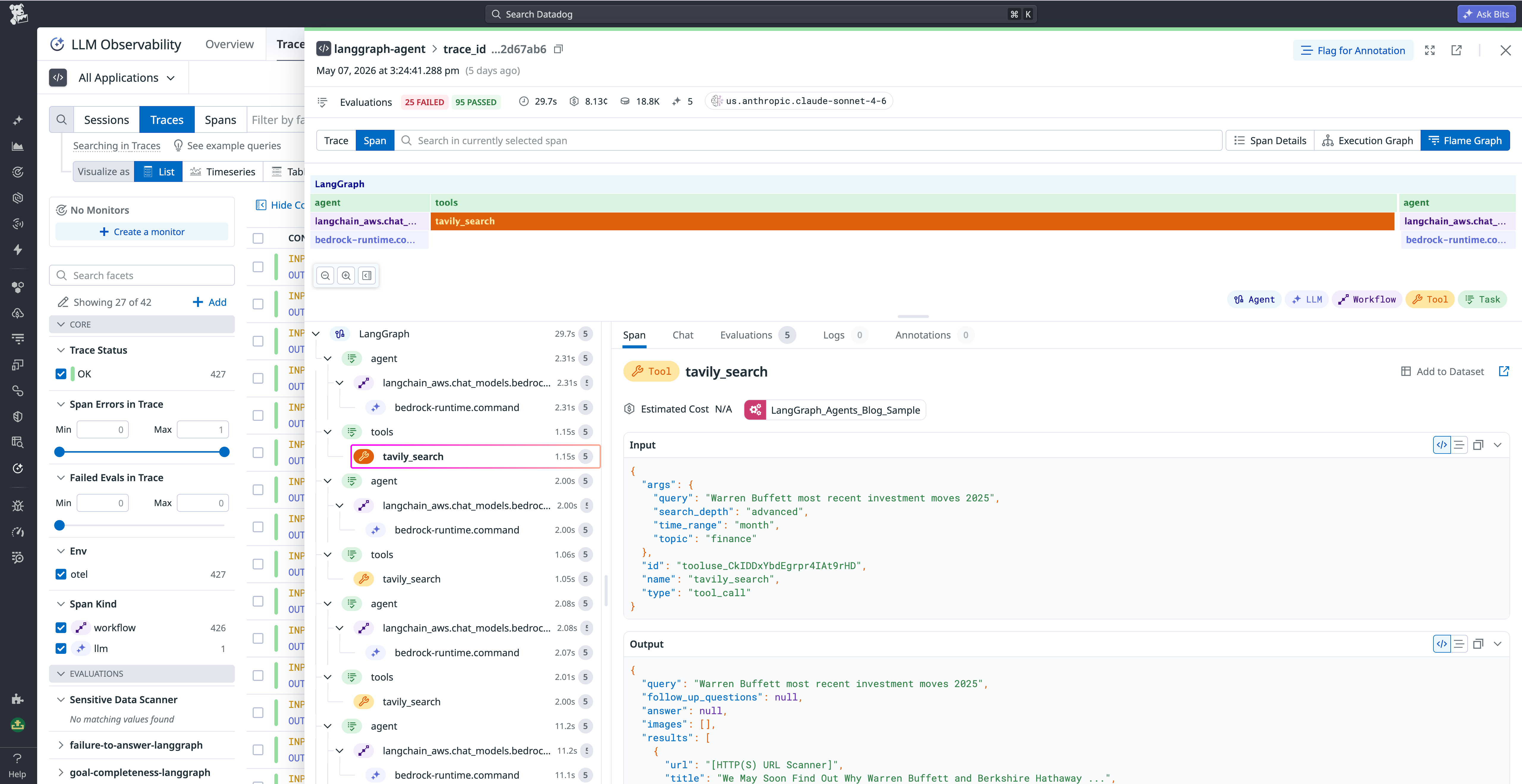 A Datadog LLM Observability trace panel showing a Tavily search tool call with input query, output results, and a processing time of 1.15 seconds within a 29.7-second agent run. The flame graph on the left displays the full span hierarchy of the agent execution.
