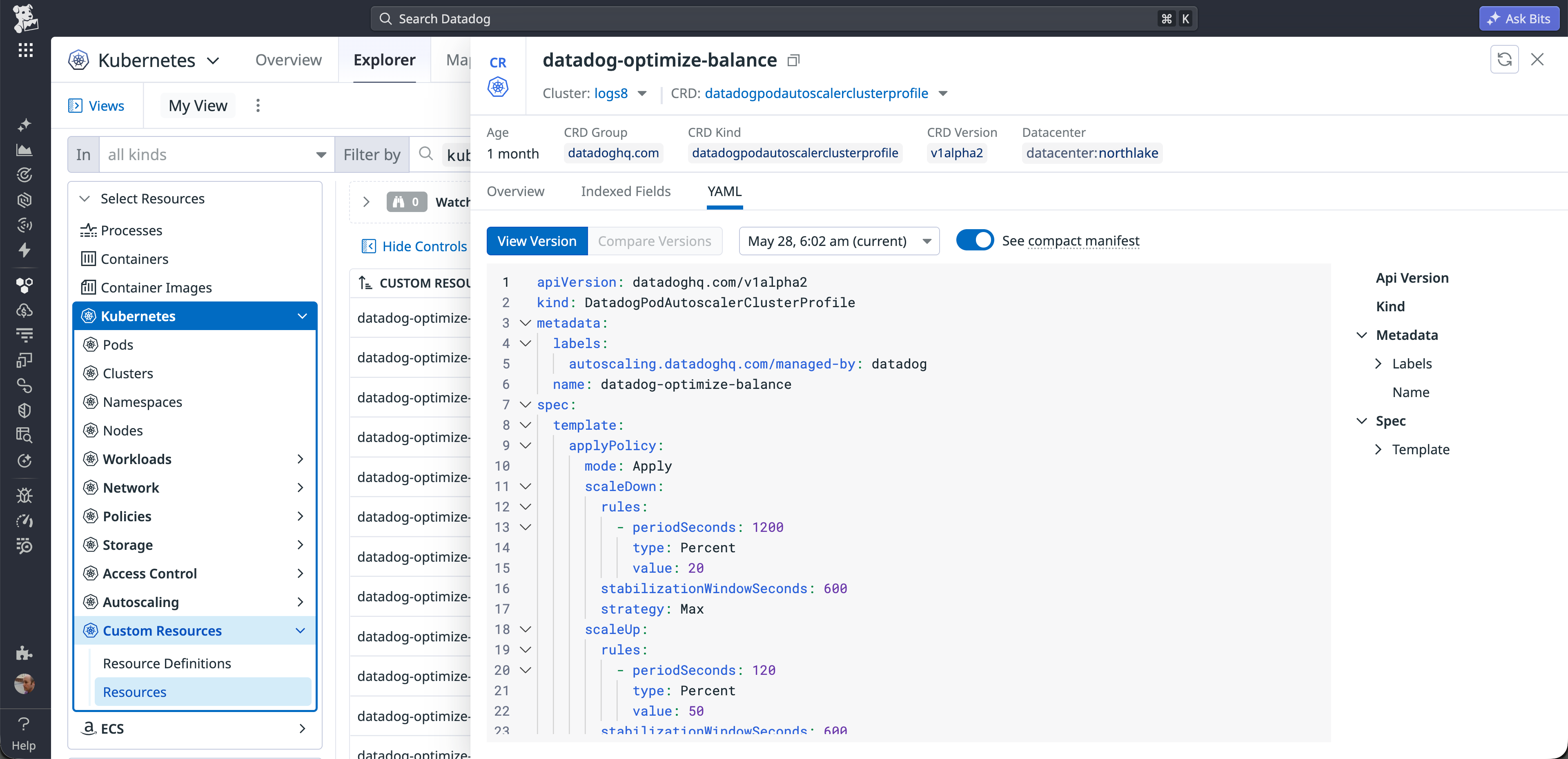 A screenshot of the Datadog interface displaying Kubernetes Custom Resources. A detail panel shows the YAML configuration tab for a DatadogPodAutoscalerClusterProfile resource located in the logs8 cluster. The visible YAML code defines autoscaling policies, specifically scale-down rules and scale-up rules.