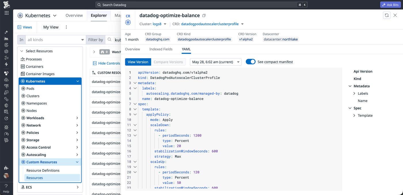 A screenshot of the Datadog interface displaying Kubernetes Custom Resources. A detail panel shows the YAML configuration tab for a DatadogPodAutoscalerClusterProfile resource located in the logs8 cluster. The visible YAML code defines autoscaling policies, specifically scale-down rules and scale-up rules. A screenshot of the Datadog interface displaying Kubernetes Custom Resources. A detail panel shows the YAML configuration tab for a DatadogPodAutoscalerClusterProfile resource located in the logs8 cluster. The visible YAML code defines autoscaling policies, specifically scale-down rules and scale-up rules.