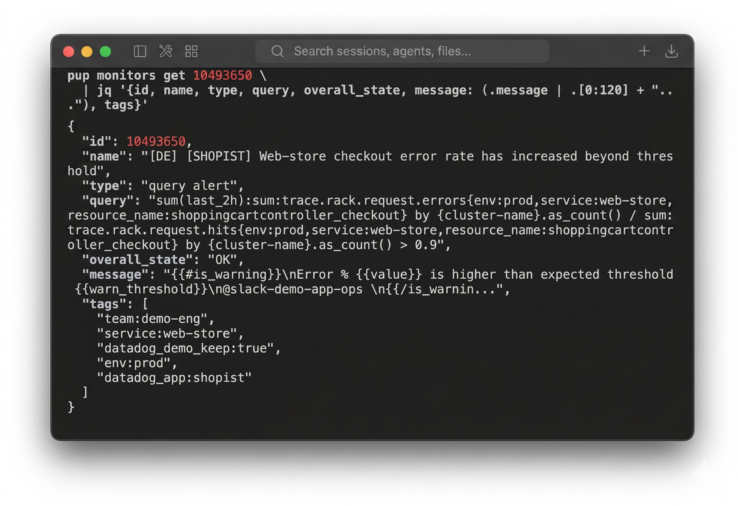 Terminal output showing Pup CLI commands retrieving logs, monitor data, and incidents from Datadog.
