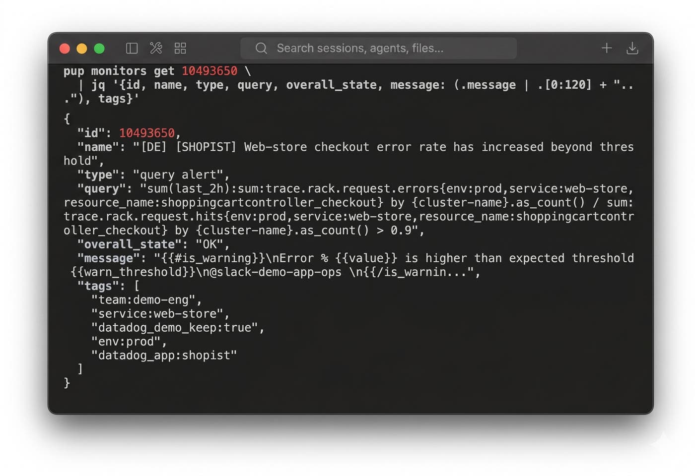 Terminal output showing Pup CLI commands retrieving logs, monitor data, and incidents from Datadog. Terminal output showing Pup CLI commands retrieving logs, monitor data, and incidents from Datadog.