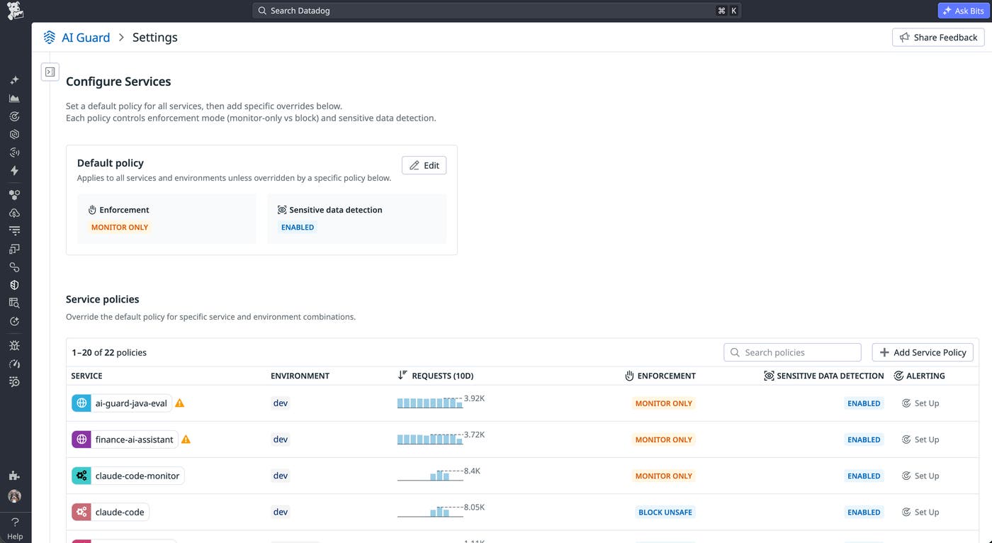 AI Guard settings page showing how to configure policies AI Guard settings page showing how to configure policies