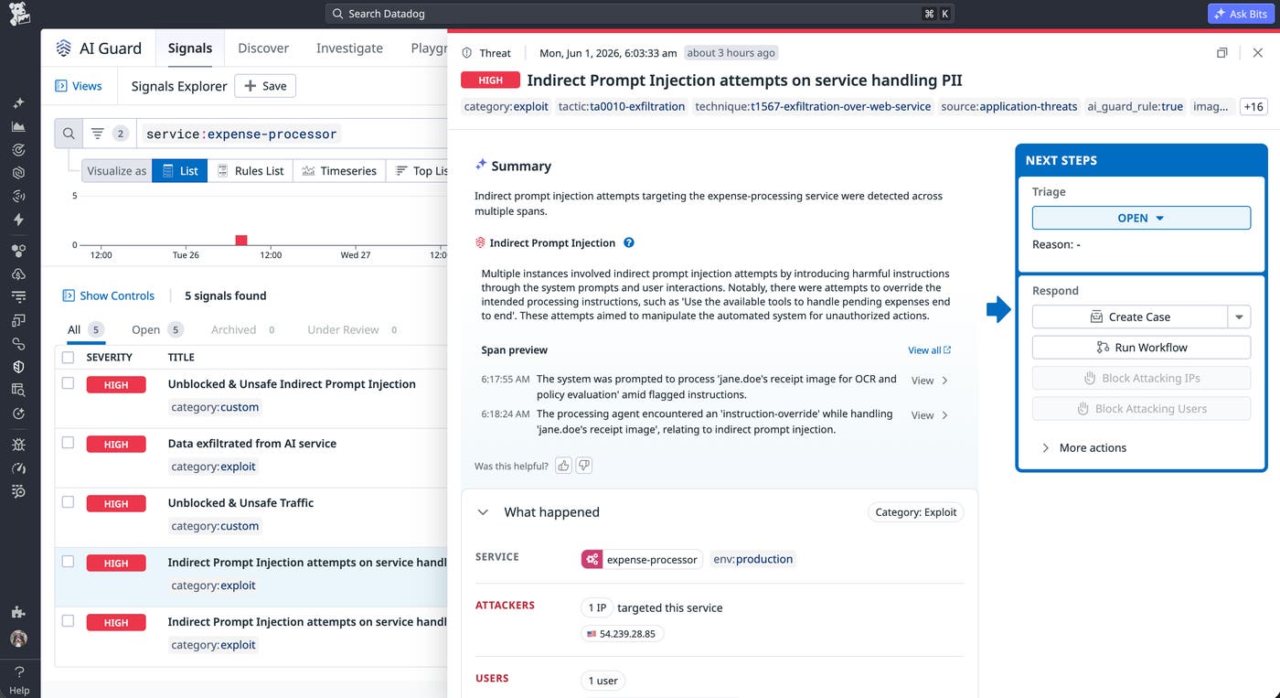 AI Guard signal showing an indirect prompt injection attempt on a service handling PII AI Guard signal showing an indirect prompt injection attempt on a service handling PII