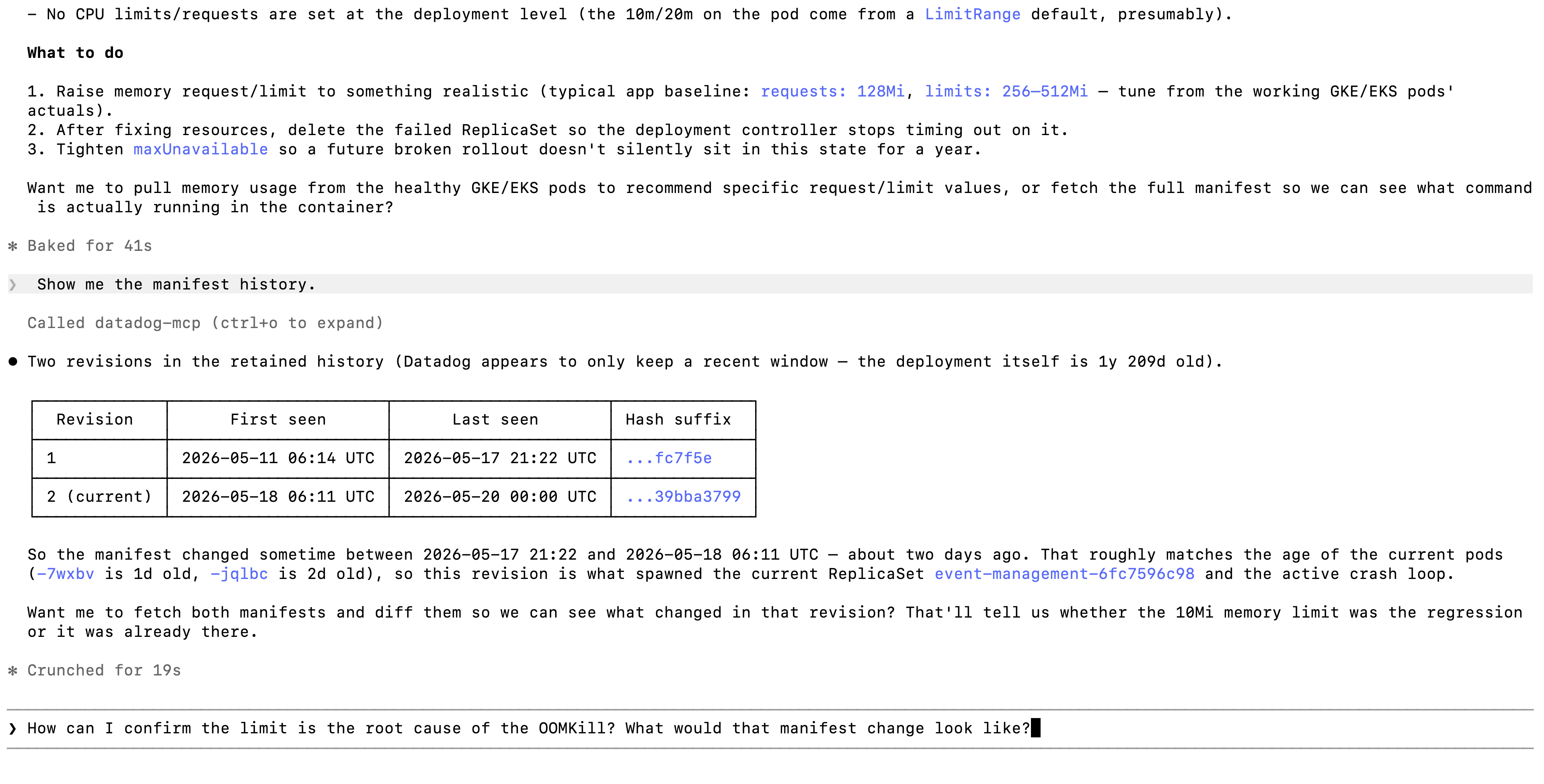An AI agent investigates a crashing Kubernetes deployment by chaining describe and manifest retrieval calls.
