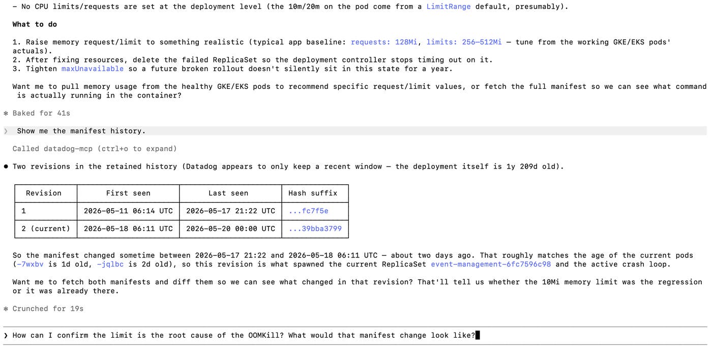 An AI agent investigates a crashing Kubernetes deployment by chaining describe and manifest retrieval calls. An AI agent investigates a crashing Kubernetes deployment by chaining describe and manifest retrieval calls.