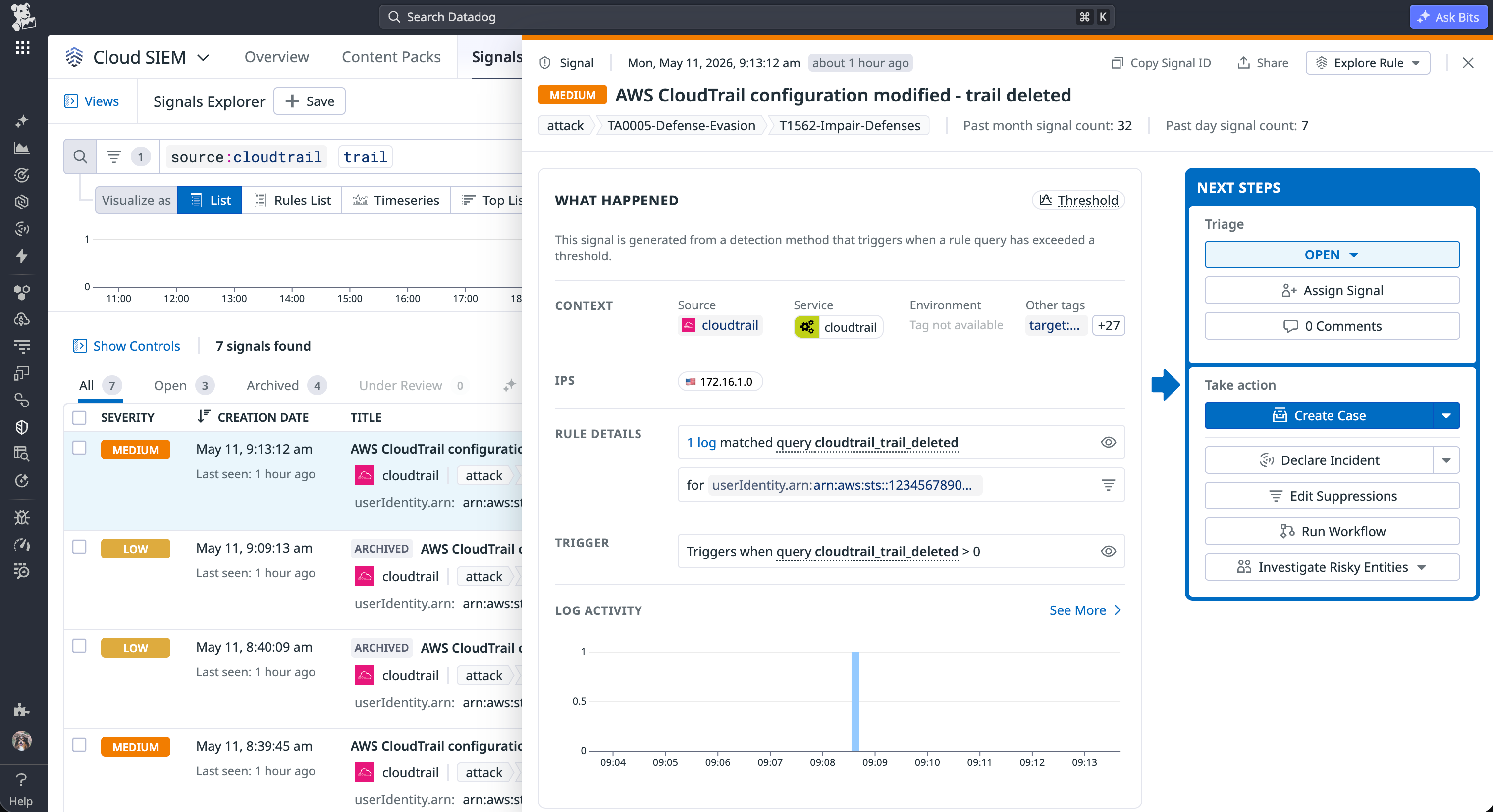 Cloud SIEM signal showing an attempt to delete a CloudTrail trail