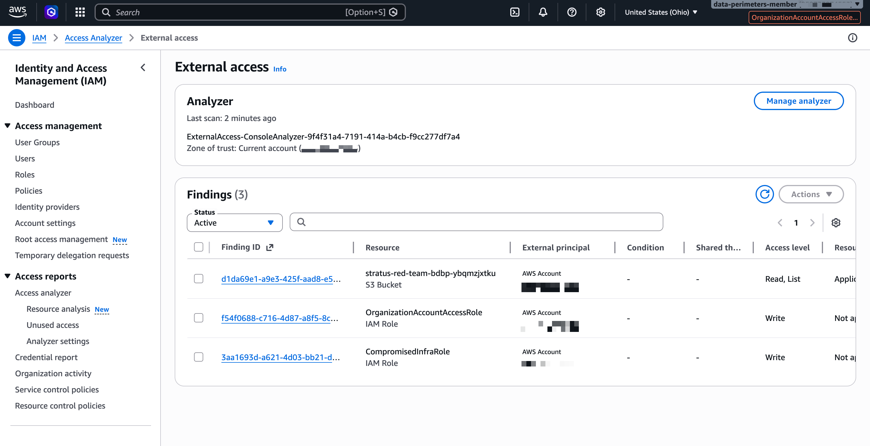 AWS Access Analyzer showing buckets accessible to accounts outside of an organization