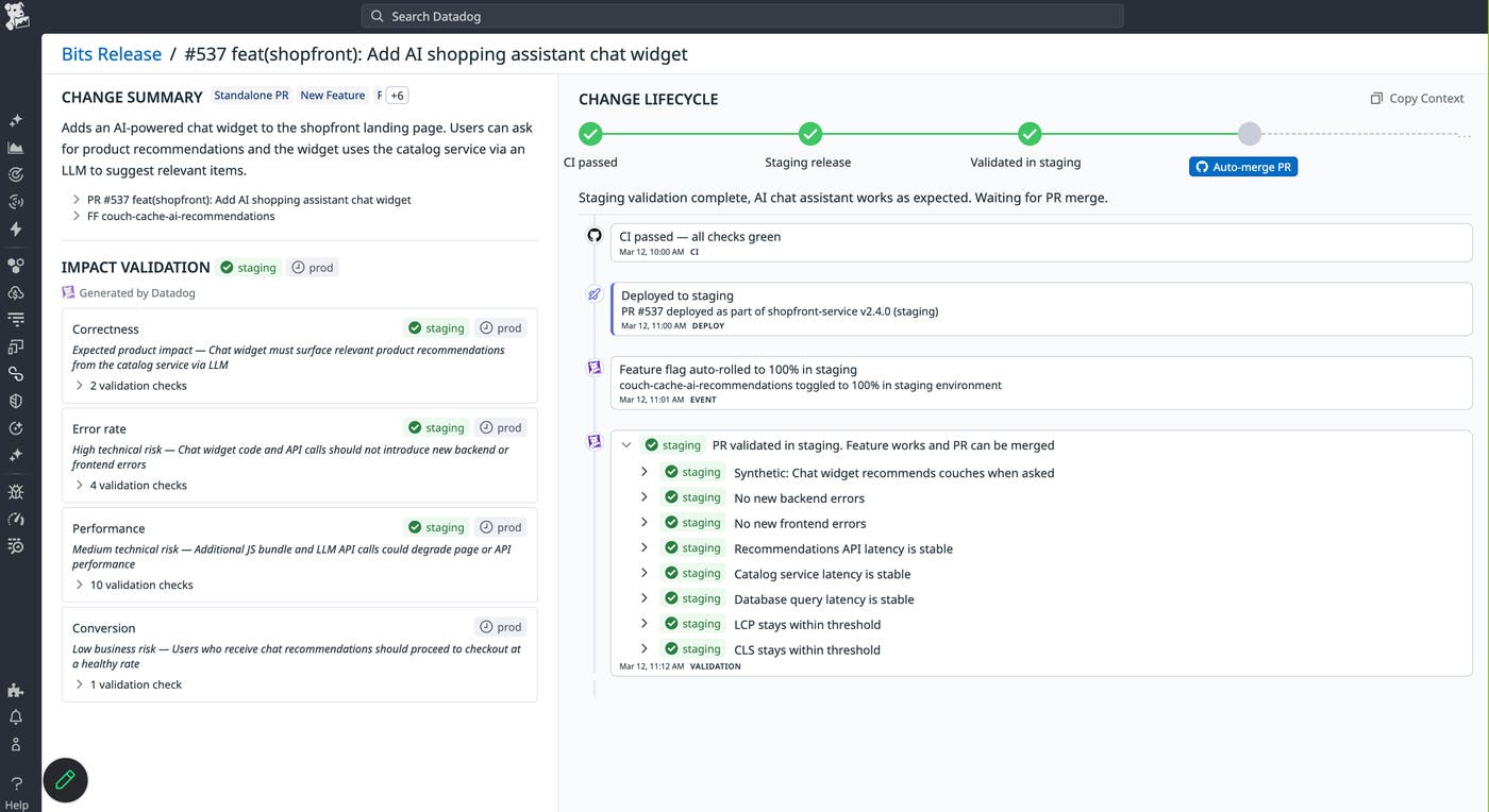 A view showing Bits AI Release verifying code changes before production. A view showing Bits AI Release verifying code changes before production.