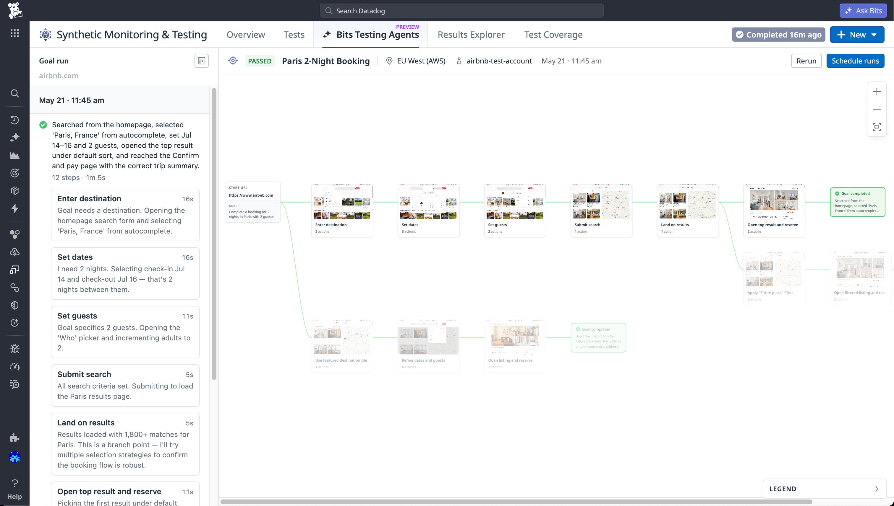 Datadog Bits Testing Agent interface showing a passed synthetic test, with a step-by-step flow diagram and action log covering destination entry, date selection, guest configuration, and search submission.