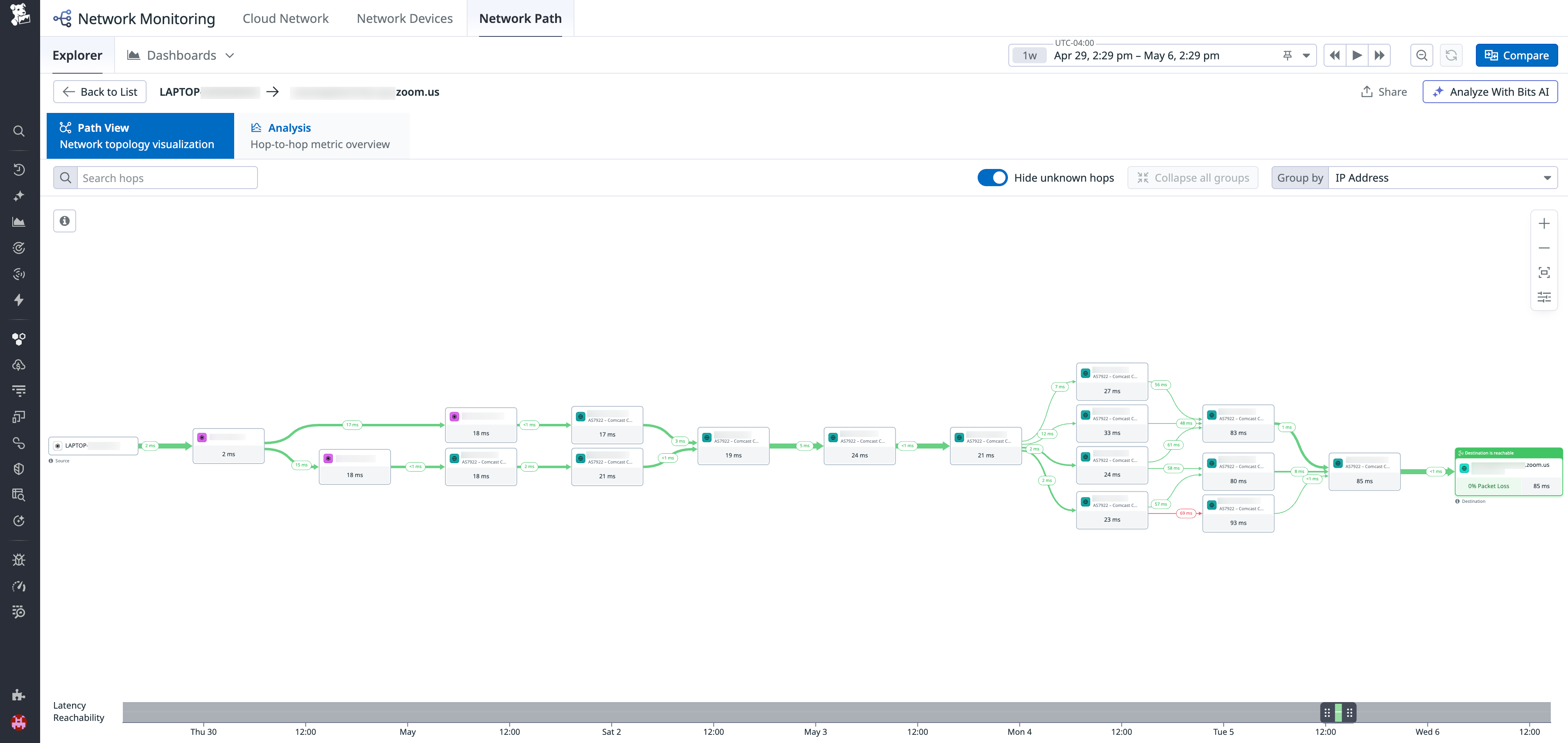 Datadog Network path view with per-hop latency values along a traceroute from a user device to a SaaS application.