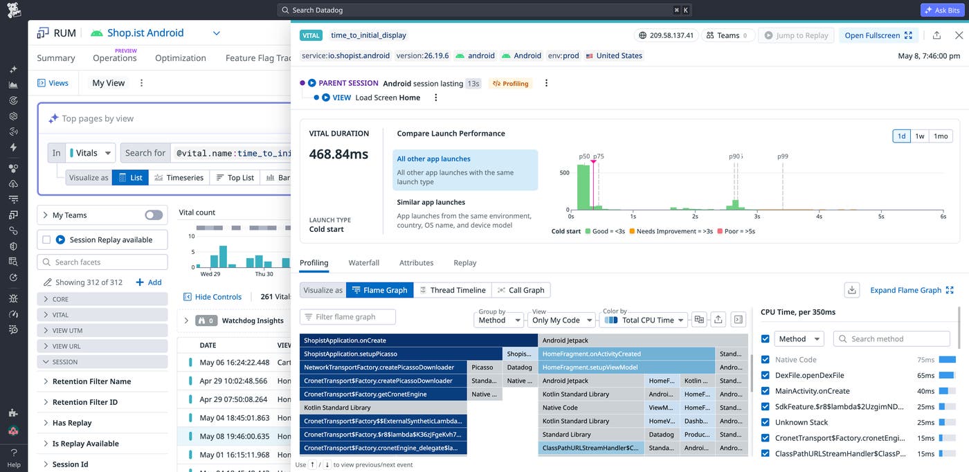 A view of the mobile profiler that collects method call stacks from the application’s process, which can be queried and analyzed in the RUM Sessions Explorer. A view of the mobile profiler that collects method call stacks from the application’s process, which can be queried and analyzed in the RUM Sessions Explorer.