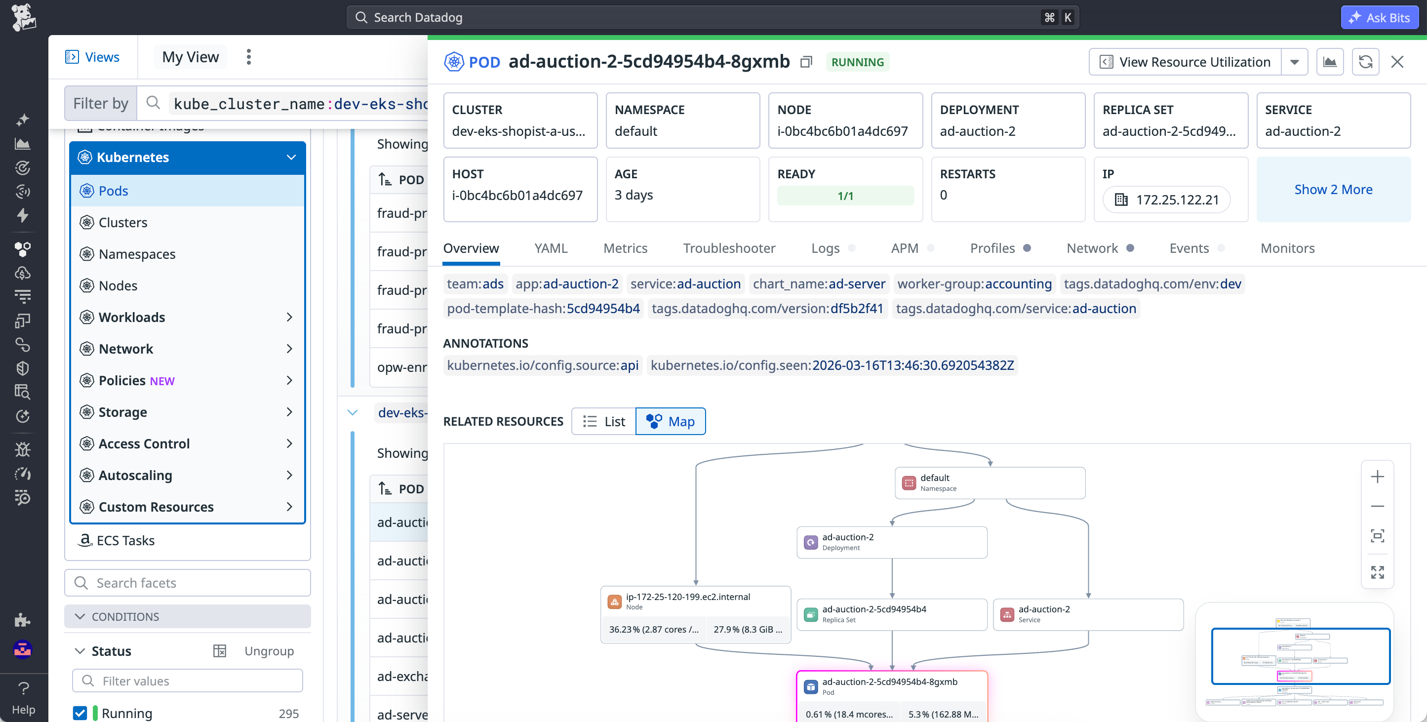 Datadog Kubernetes Explorer showing a running pod’s details, including cluster metadata, tags, and annotations in the Overview tab.