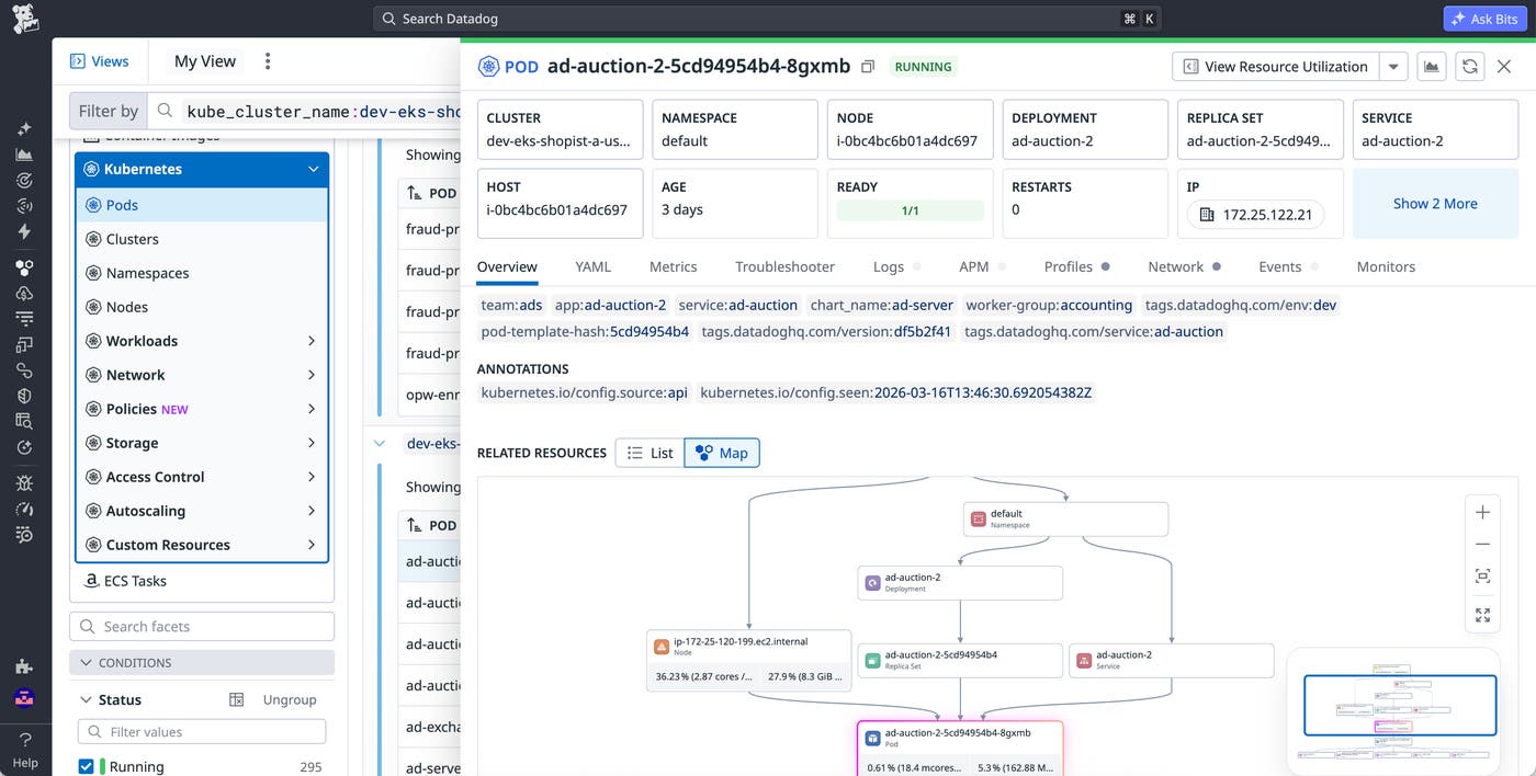 Datadog Kubernetes Explorer showing a running pod’s details, including cluster metadata, tags, and annotations in the Overview tab. Datadog Kubernetes Explorer showing a running pod’s details, including cluster metadata, tags, and annotations in the Overview tab.