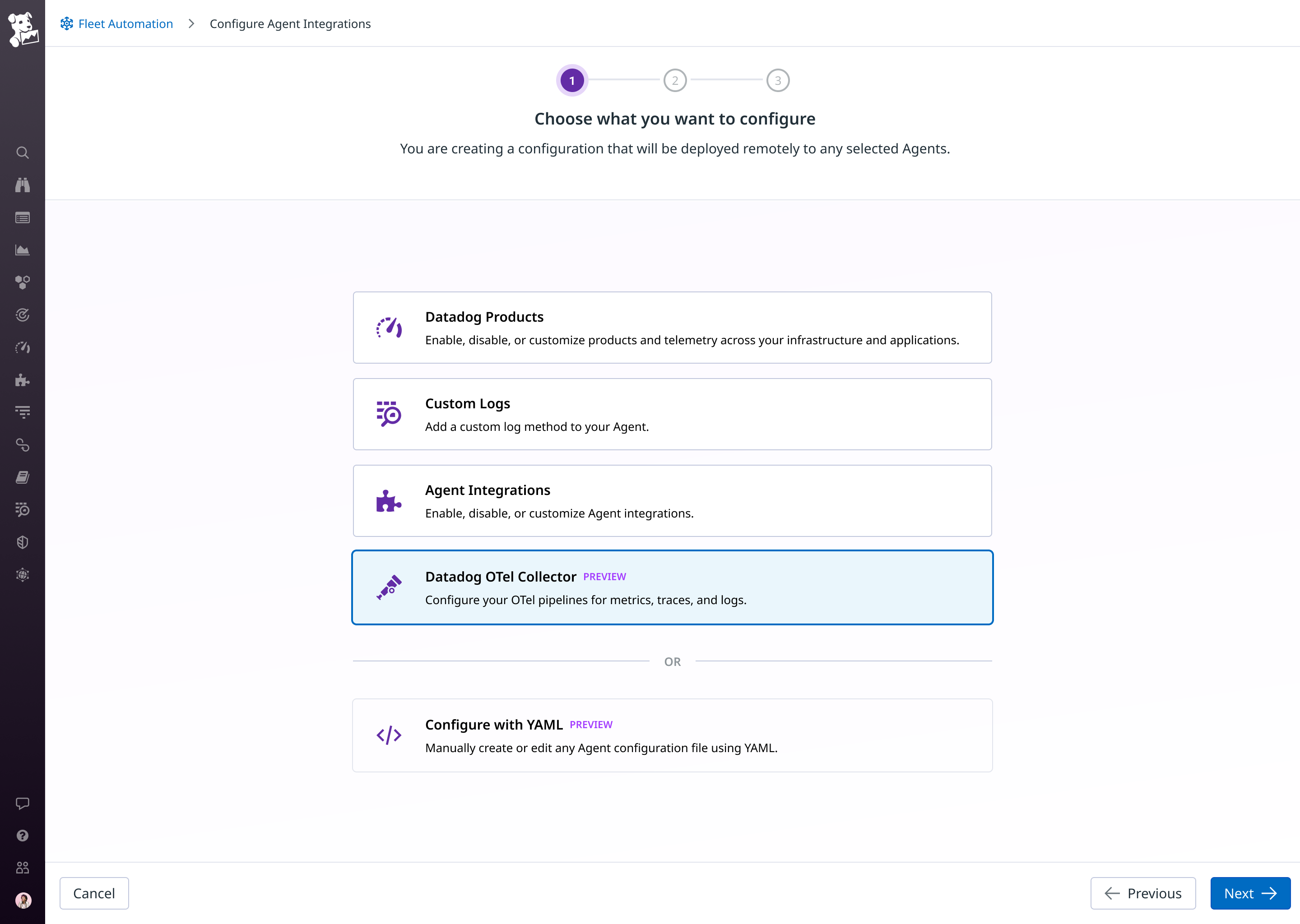 Datadog Fleet Automation configuration page showing remote configuration option for the Datadog OTel Collector.