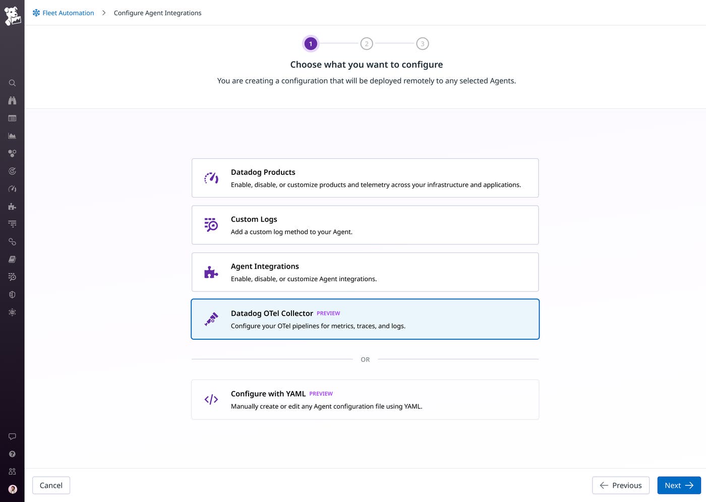 Datadog Fleet Automation configuration page showing remote configuration option for the Datadog OTel Collector. Datadog Fleet Automation configuration page showing remote configuration option for the Datadog OTel Collector.