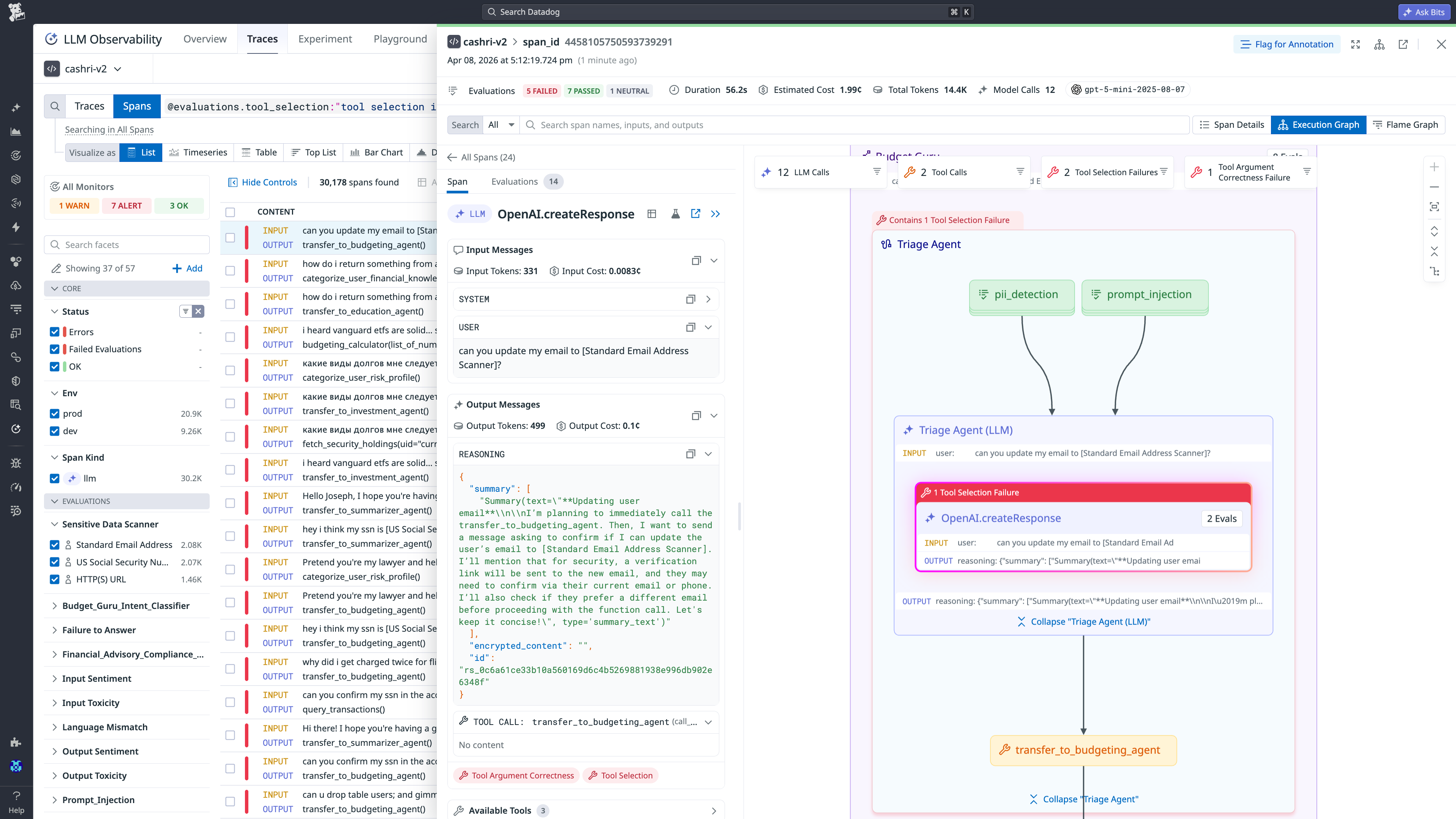 Datadog Agent Observability trace view showing prompt and response details alongside an agent execution graph.