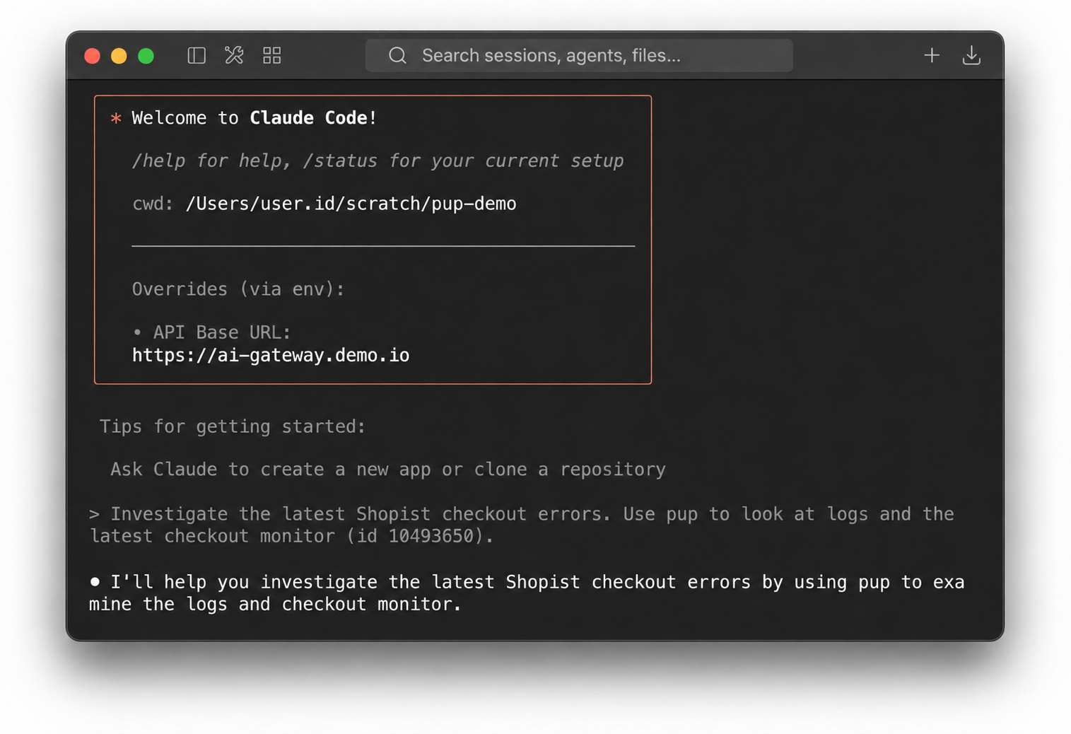 A Claude Code session where a user prompts an investigation which calls Pup to query logs and monitor data.