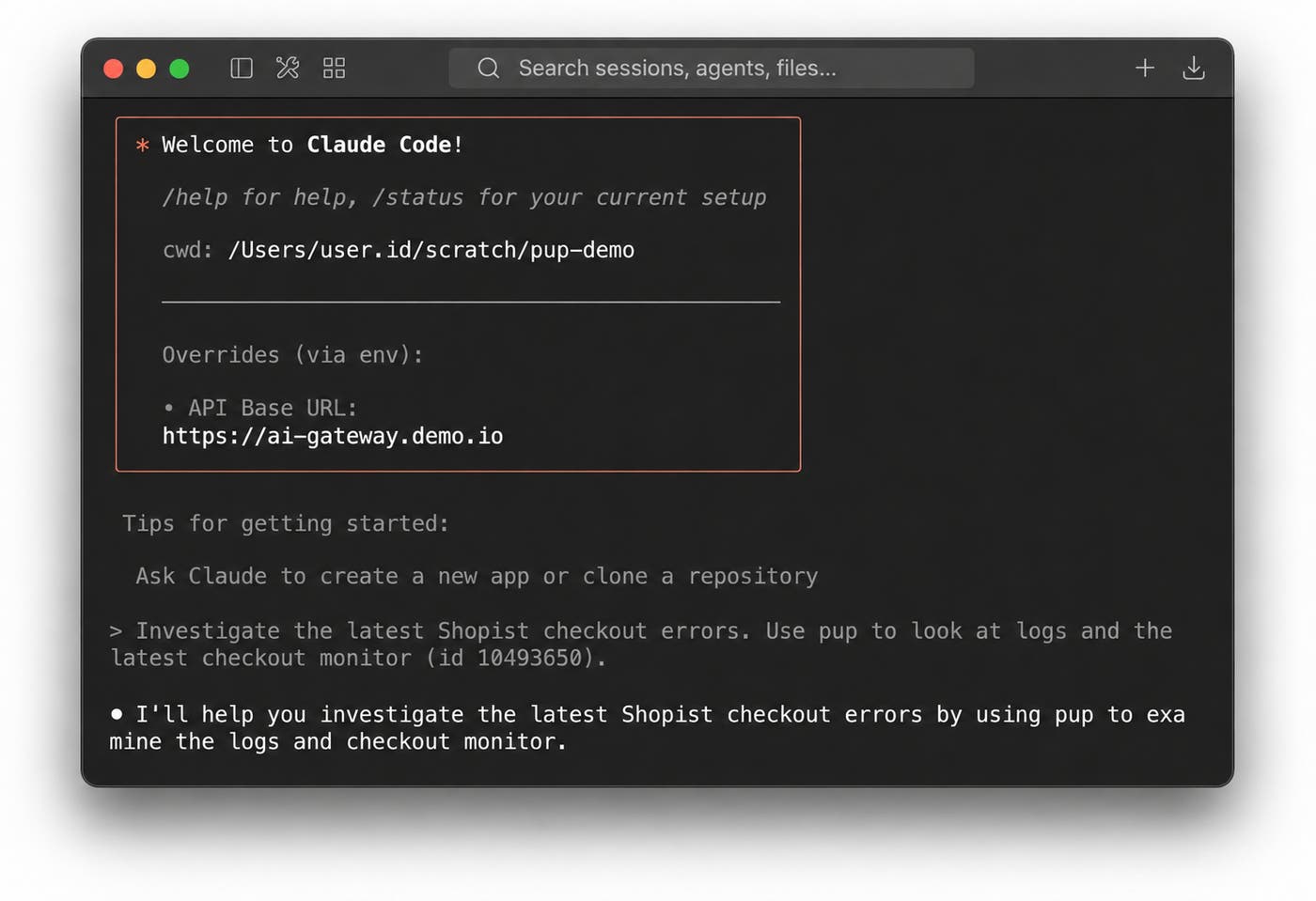 A Claude Code session where a user prompts an investigation which calls Pup to query logs and monitor data. A Claude Code session where a user prompts an investigation which calls Pup to query logs and monitor data.
