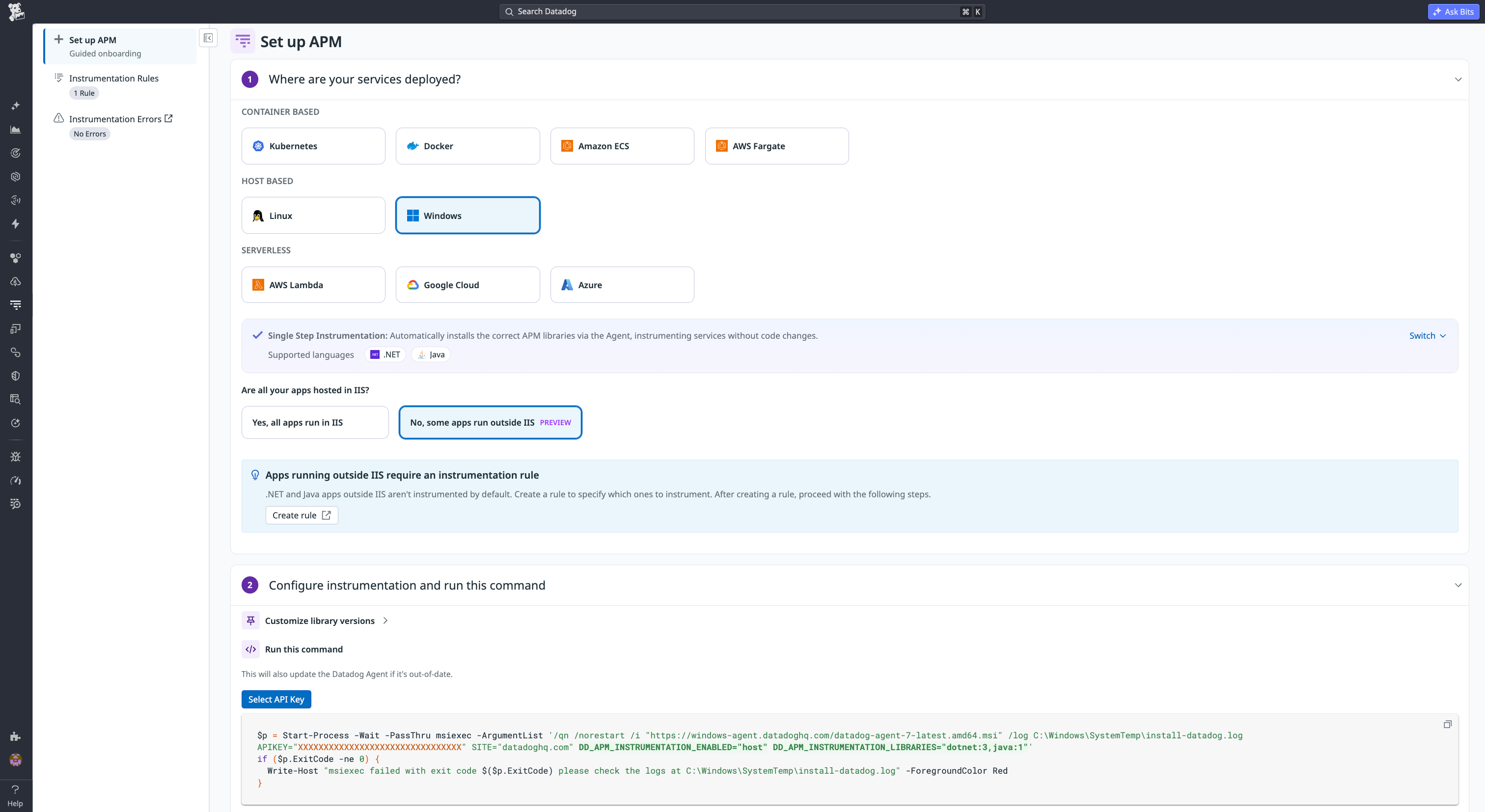 Single-step instrumentation setup page for Windows hosts in Datadog APM.