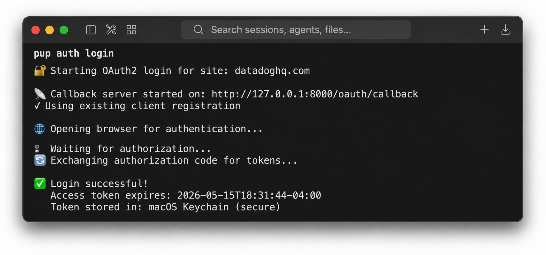 Terminal output showing pup auth login completing an OAuth2 flow with the token stored in macOS Keychain.