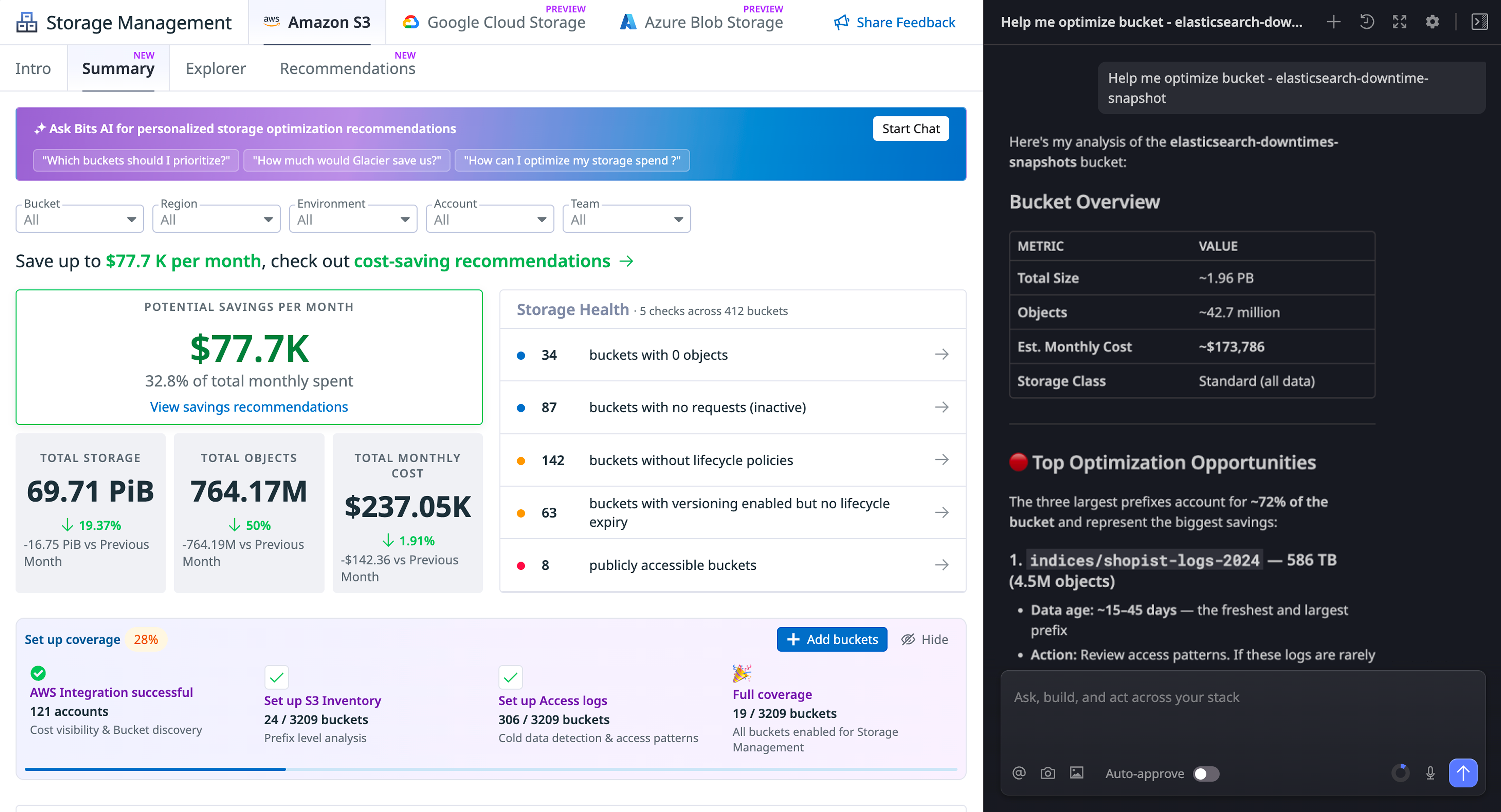 Cost-saving recommendations in Datadog Storage Management, generated by a conversation with Bits Chat.