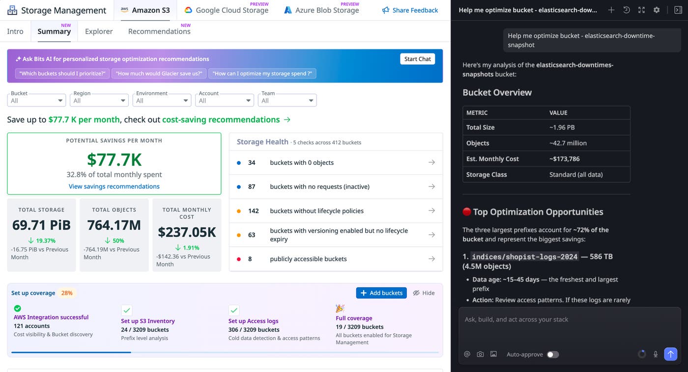 Cost-saving recommendations in Datadog Storage Management, generated by a conversation with Bits Chat. Cost-saving recommendations in Datadog Storage Management, generated by a conversation with Bits Chat.