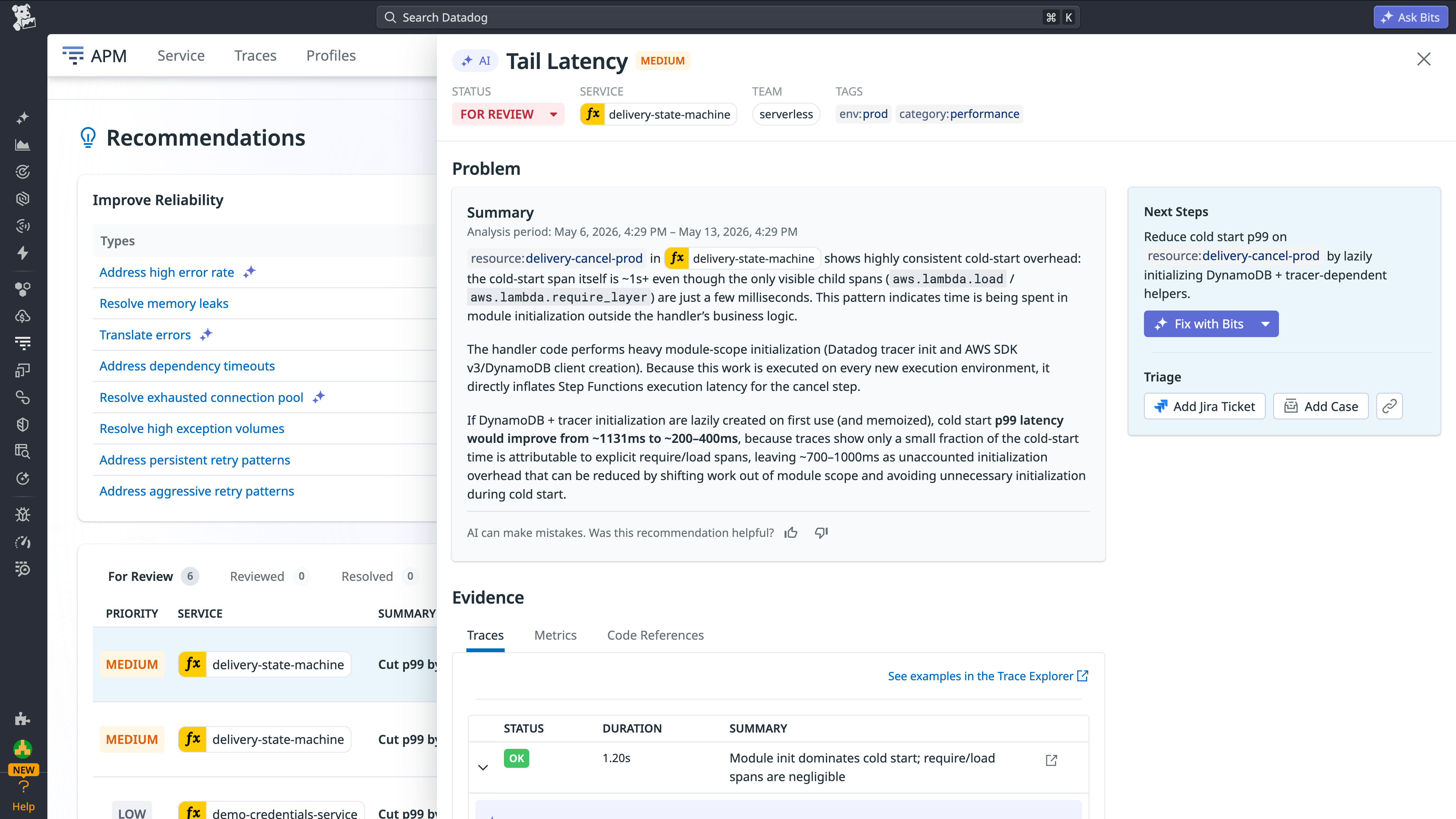 Application Performance Monitoring Recommendations panel with an AI-generated tail latency finding for a Lambda service, including a proposed fix to reduce cold start p99 latency.