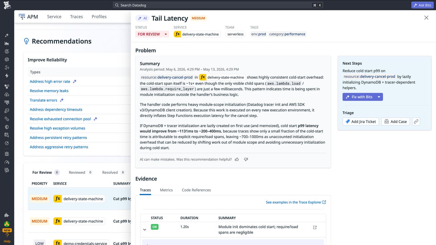 Application Performance Monitoring Recommendations panel with an AI-generated tail latency finding for a Lambda service, including a proposed fix to reduce cold start p99 latency. Application Performance Monitoring Recommendations panel with an AI-generated tail latency finding for a Lambda service, including a proposed fix to reduce cold start p99 latency.